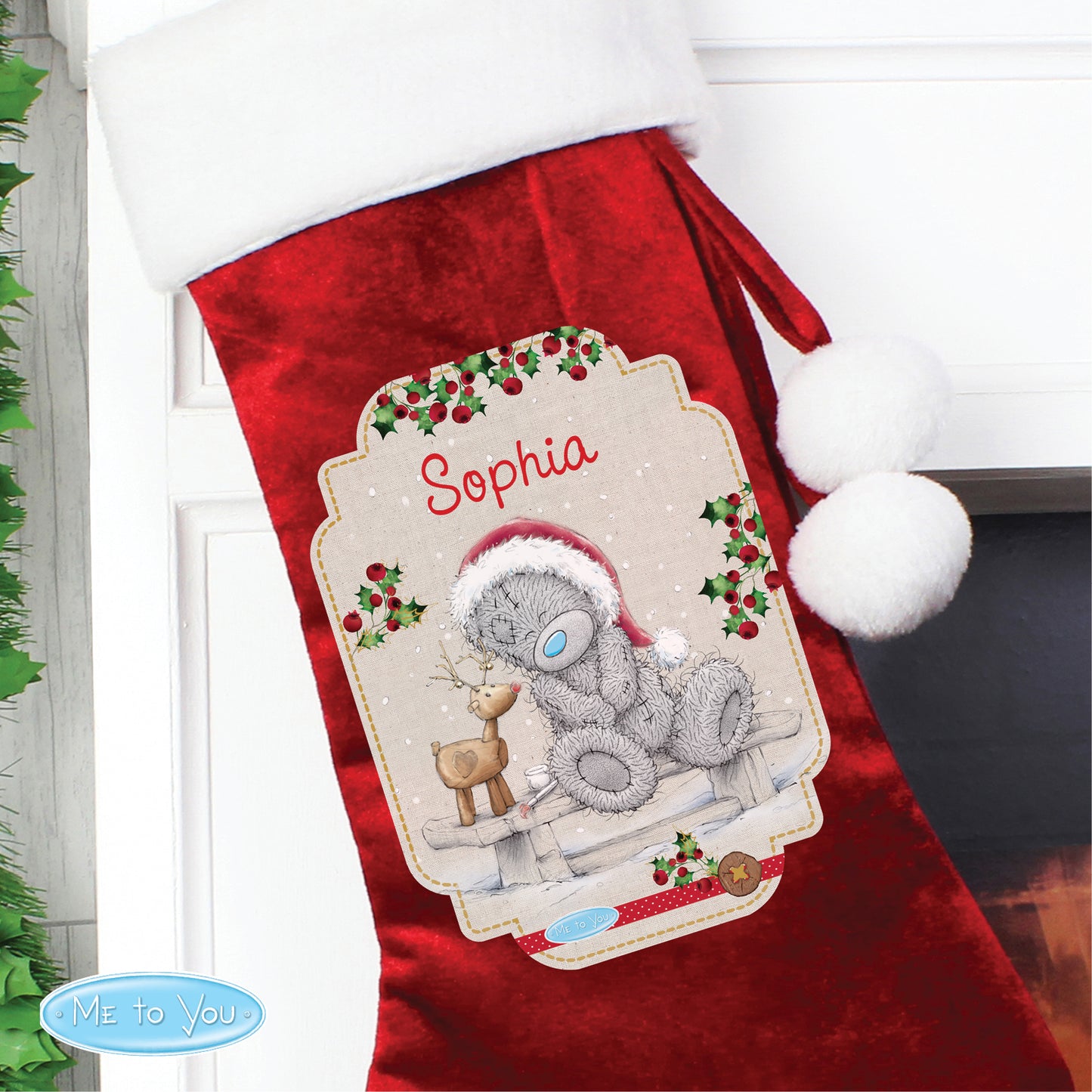 Personalised Me To You Reindeer Luxury Red Stocking