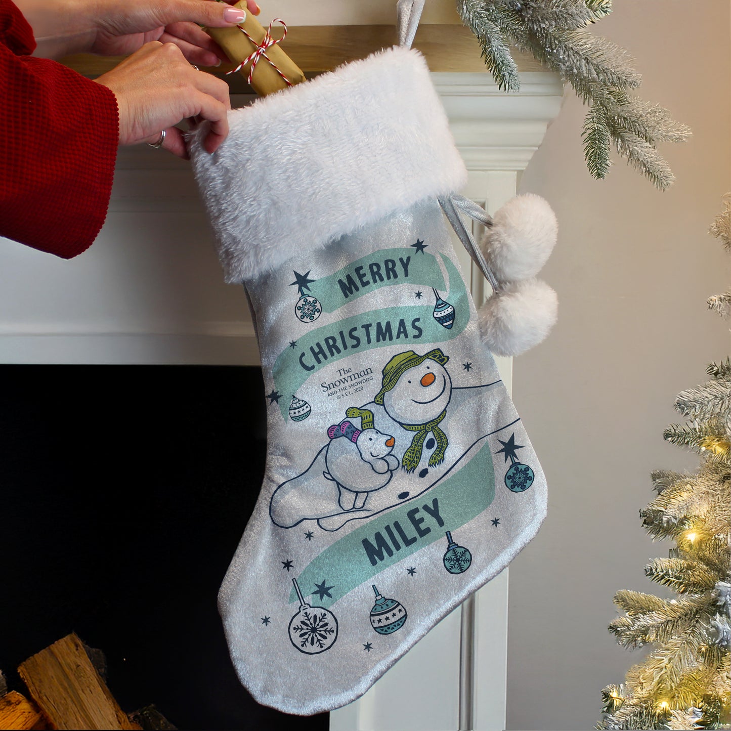 Personalised The Snowman And The Snowdog Luxury Silver Grey Christmas Stocking