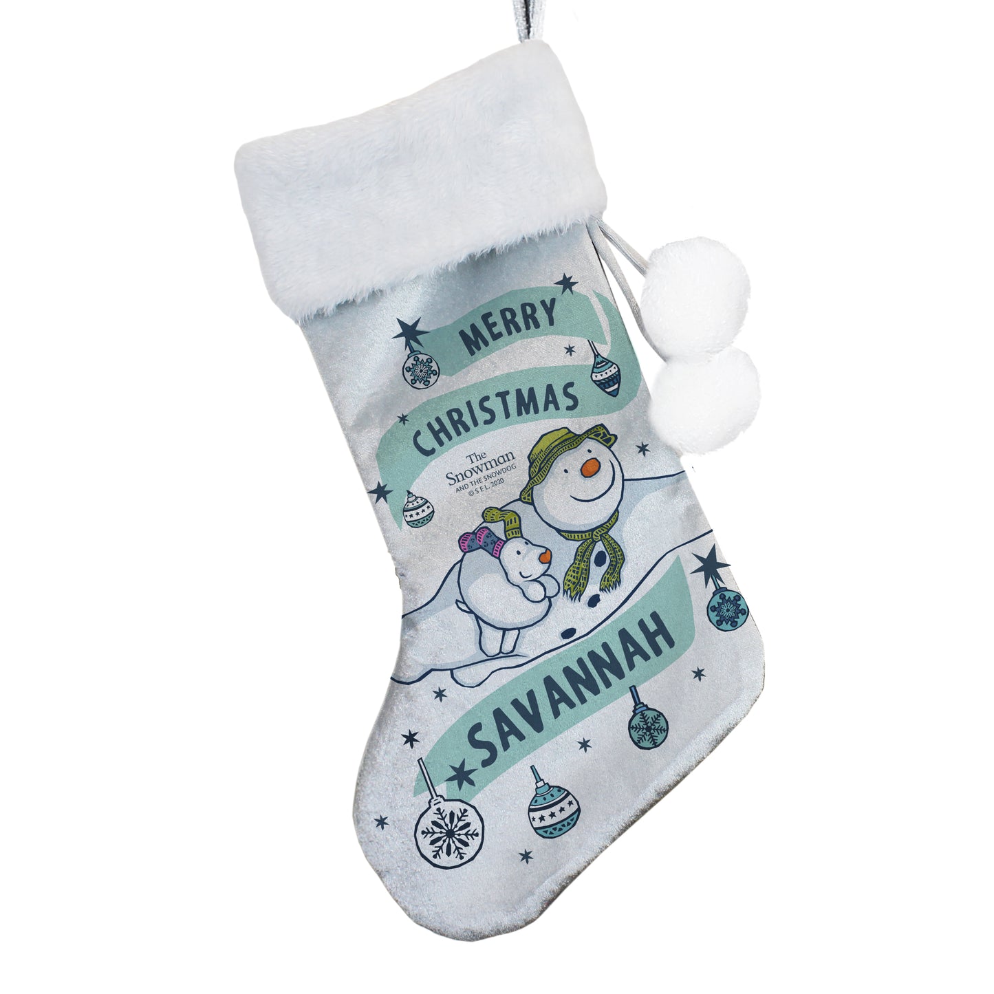 Personalised The Snowman And The Snowdog Luxury Silver Grey Christmas Stocking