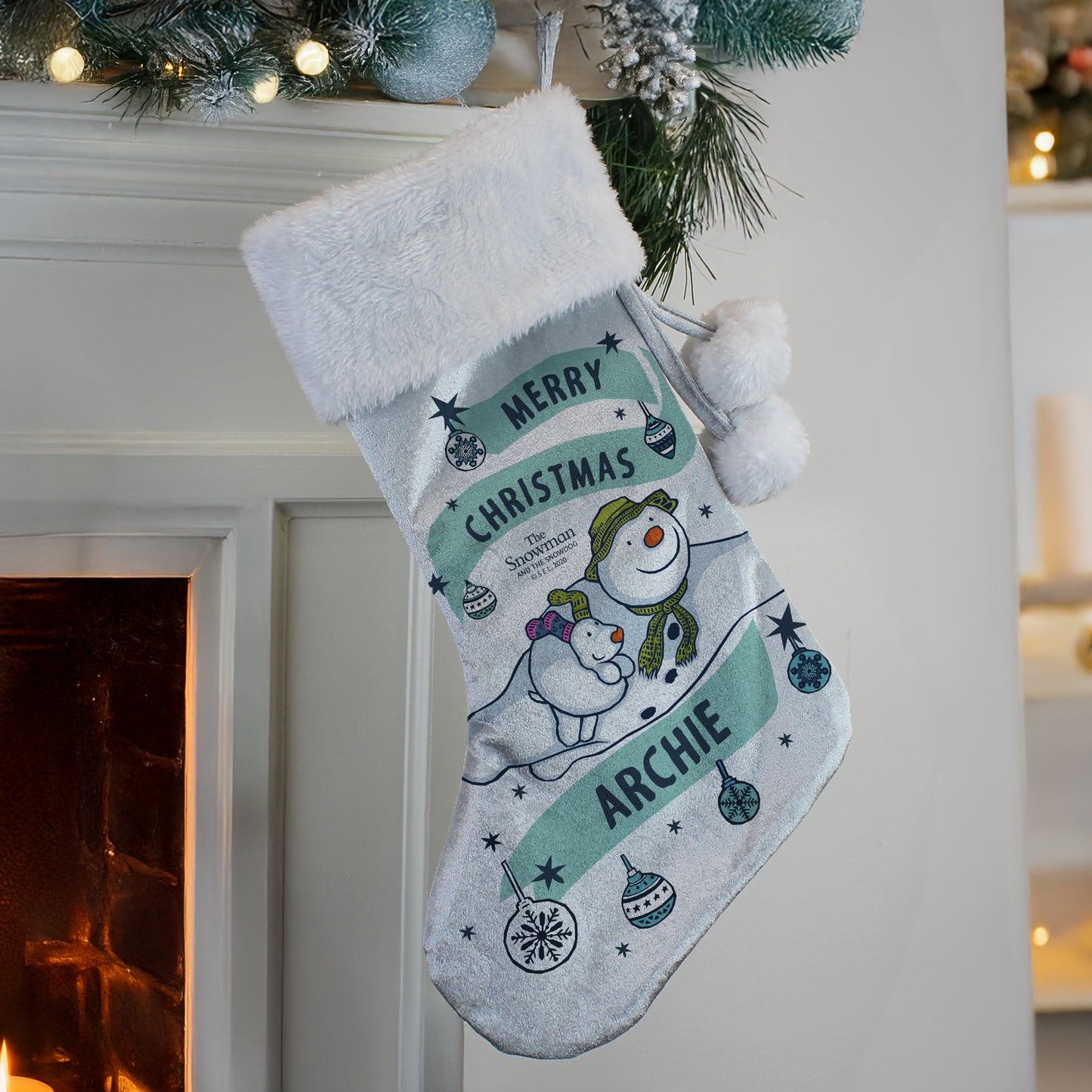 Personalised The Snowman And The Snowdog Luxury Silver Grey Christmas Stocking