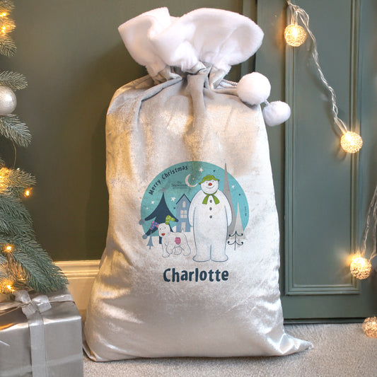 Personalised The Snowman And The Snowdog Luxury Silver Grey Pom Pom Christmas Sack