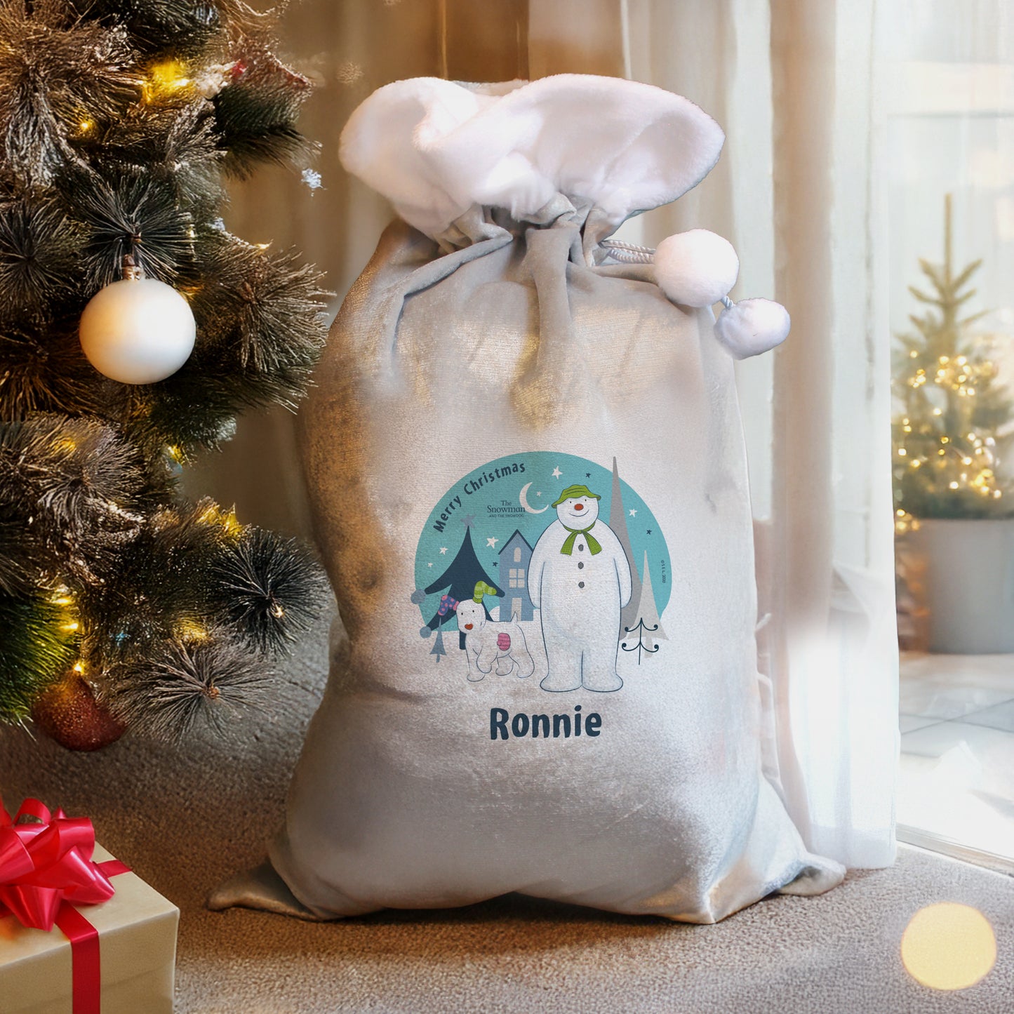 Personalised The Snowman And The Snowdog Luxury Silver Grey Pom Pom Christmas Sack