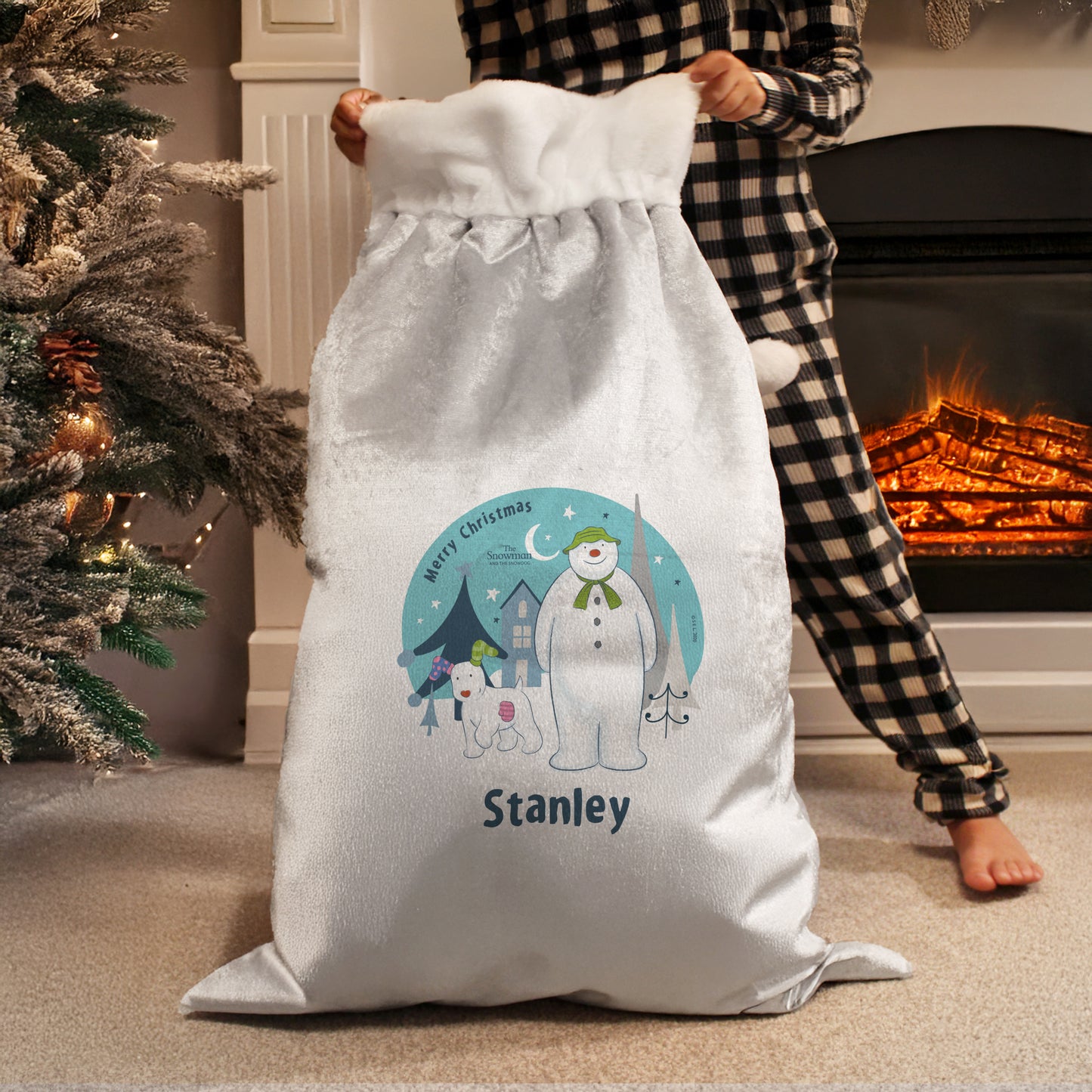 Personalised The Snowman And The Snowdog Luxury Silver Grey Pom Pom Christmas Sack