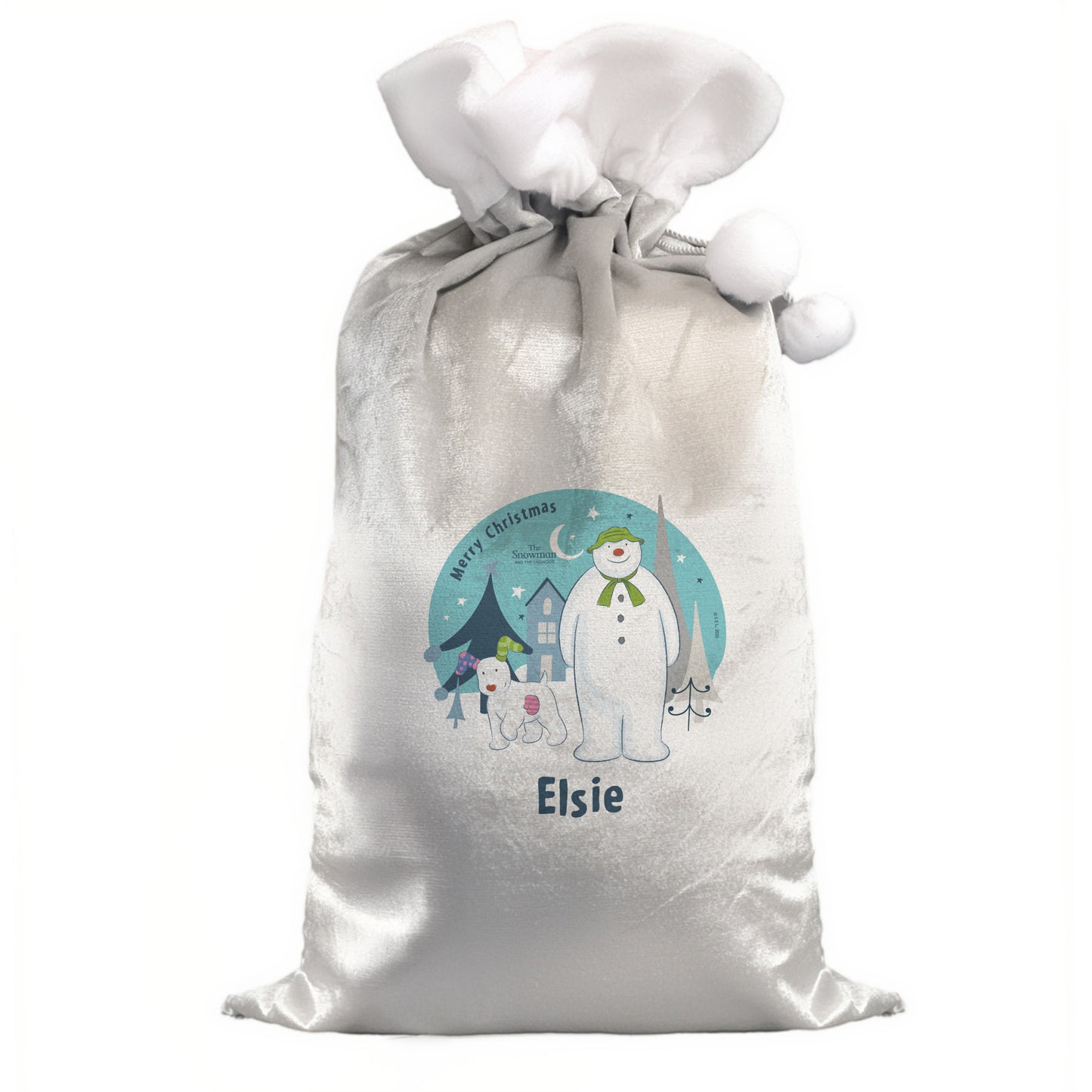 Personalised The Snowman And The Snowdog Luxury Silver Grey Pom Pom Christmas Sack