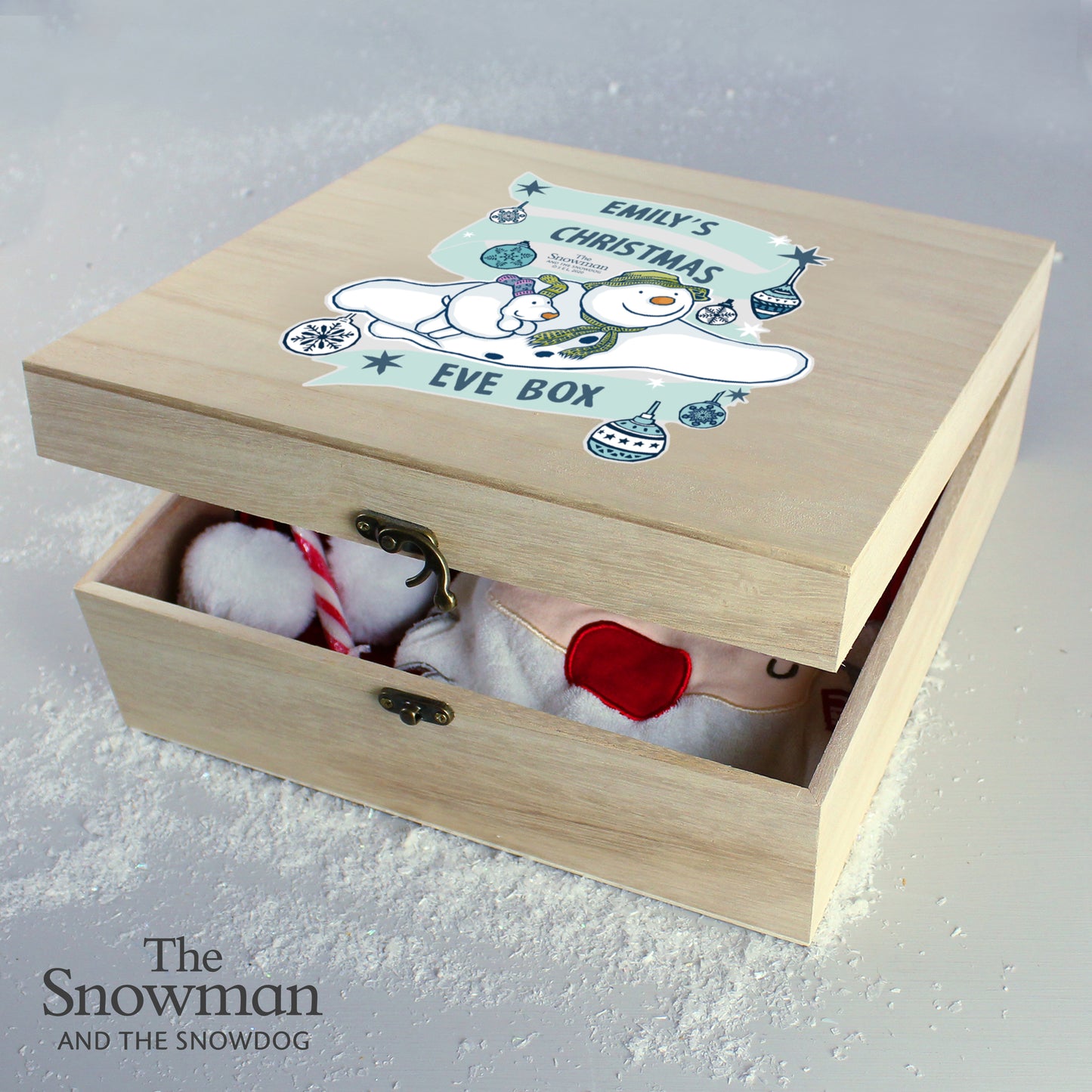 Personalised The Snowman And The Snowdog Large Wooden Christmas Eve Box