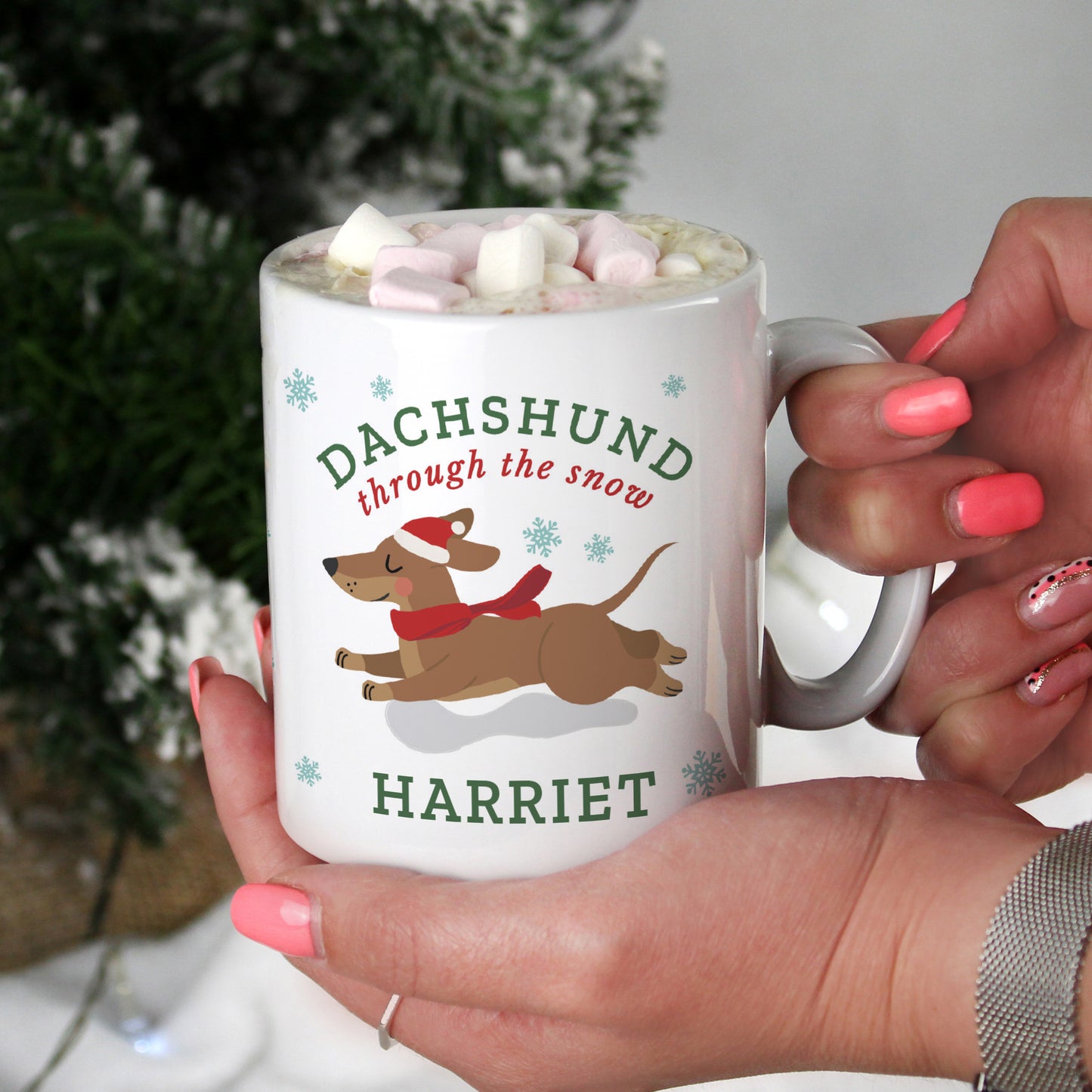 Personalised 'Dachshund Through The Snow' Christmas Mug