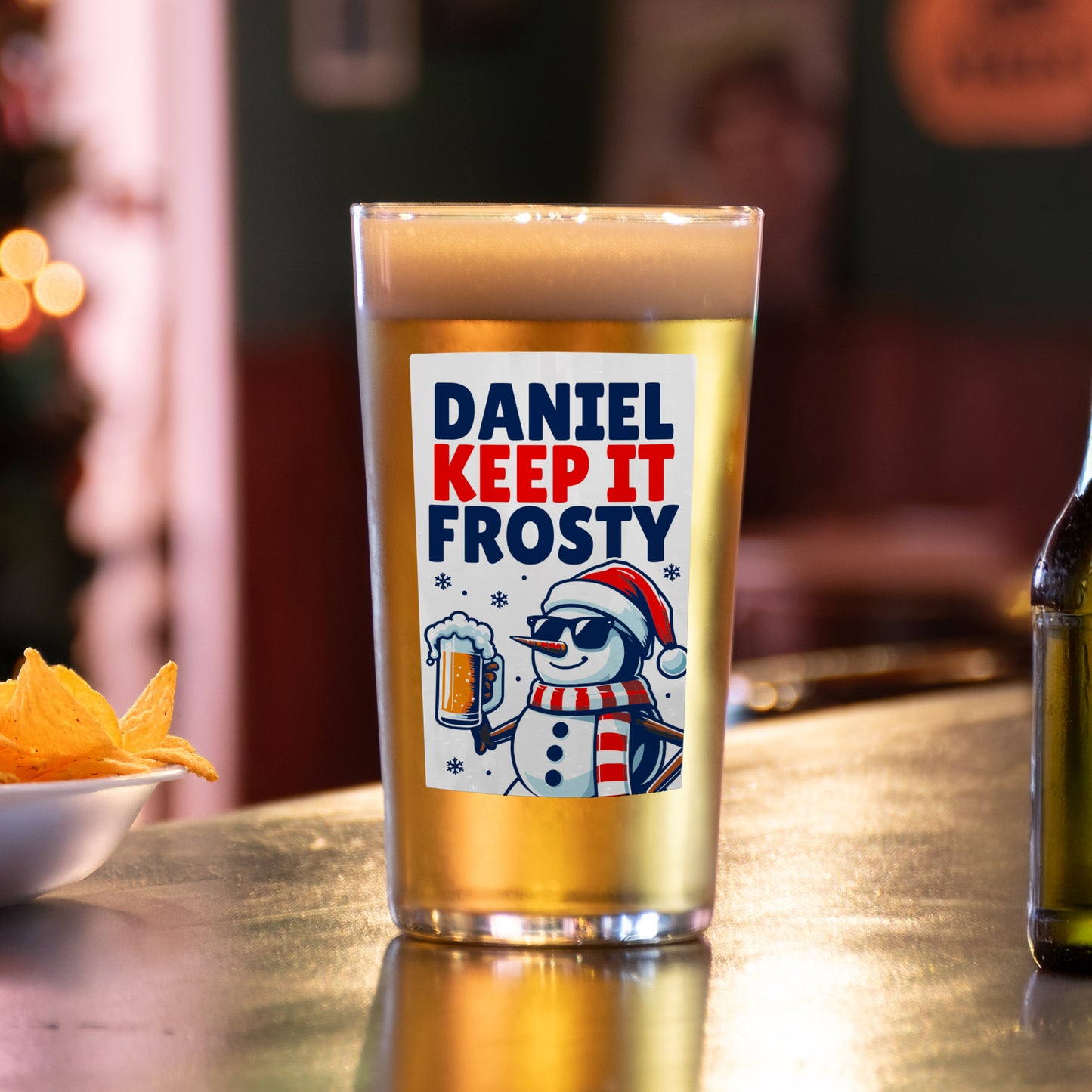 Personalised 'Keep It Frosty' Snowman Christmas Beer Glass