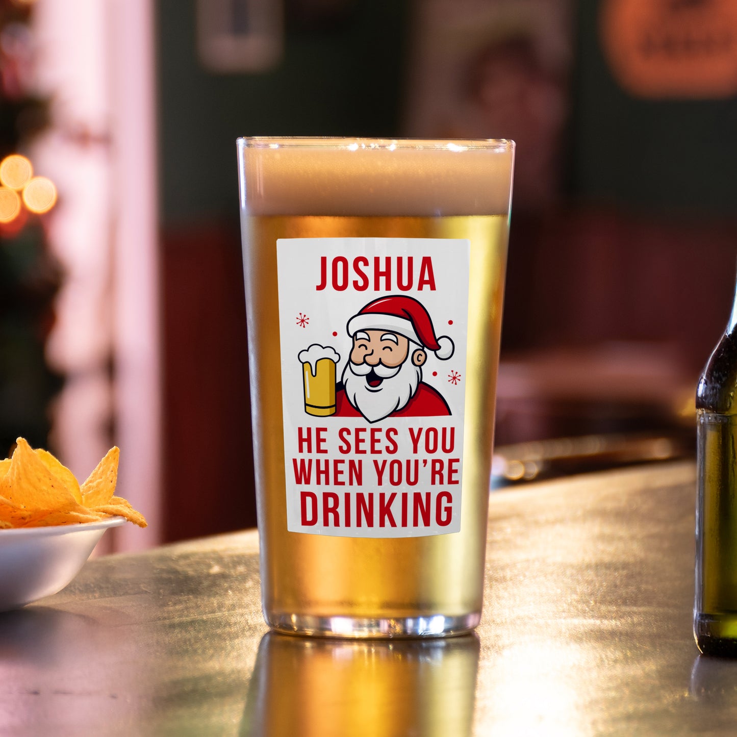 Personalised 'He Sees You When You're Drinking' Santa Christmas Beer Glass – Funny Christmas Gift Idea