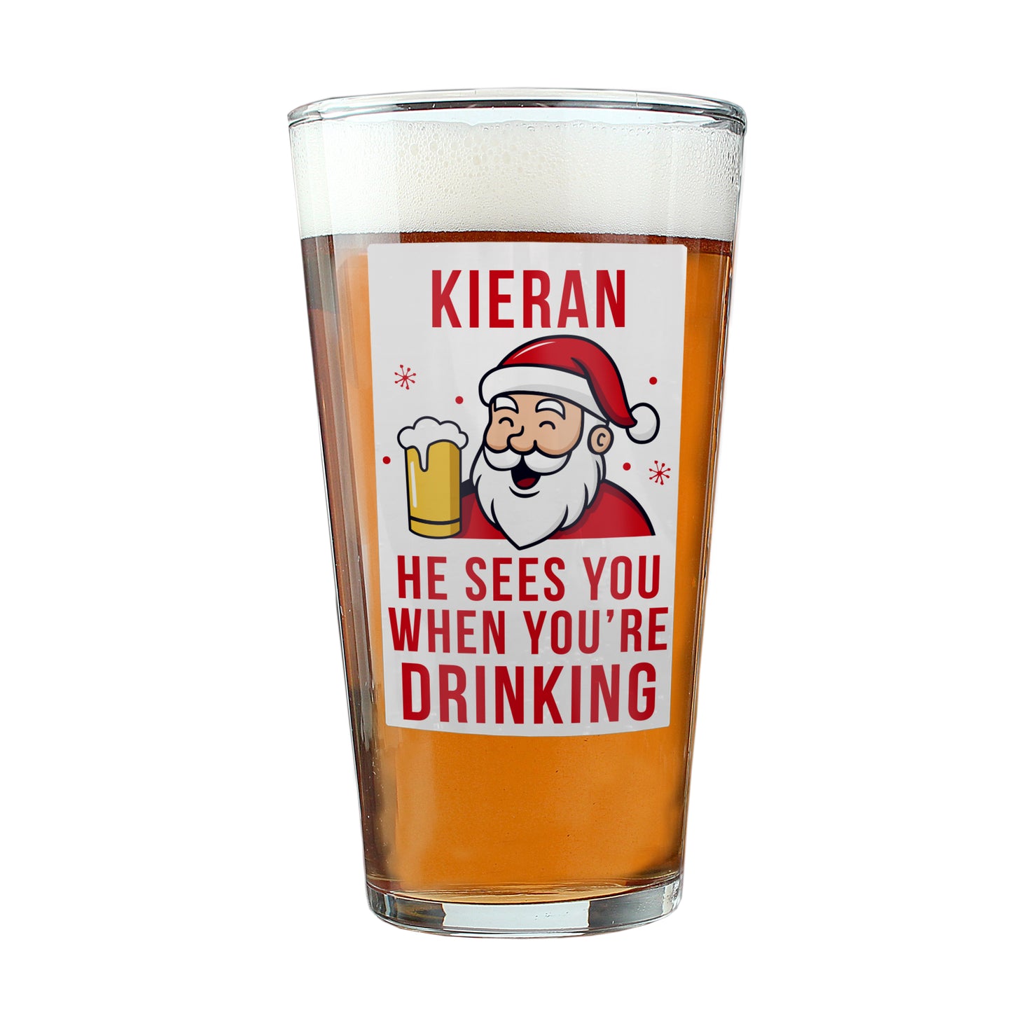 Personalised 'He Sees You When You're Drinking' Santa Christmas Beer Glass – Funny Christmas Gift Idea