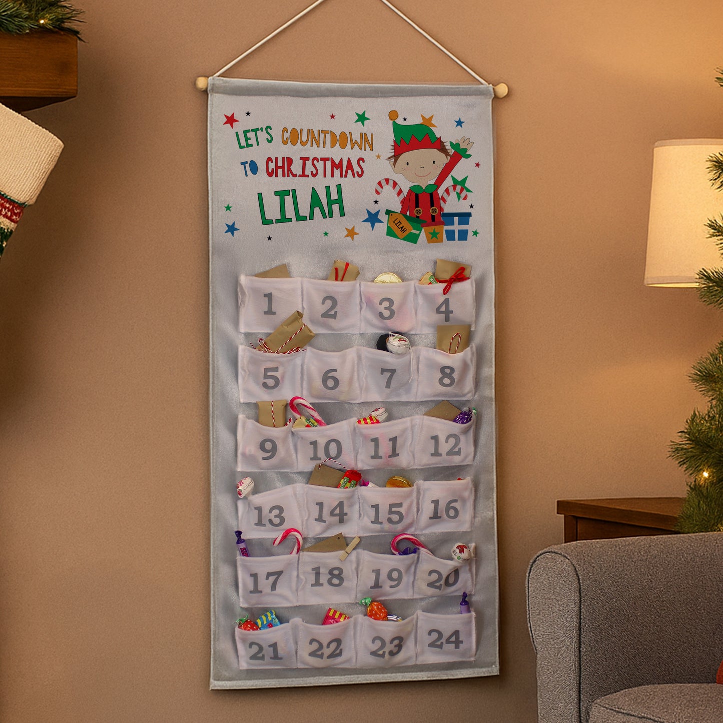 Personalised Elf Christmas Hanging Advent Calendar