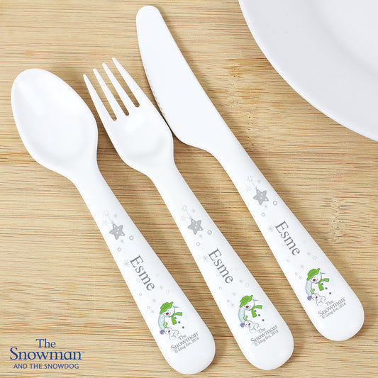 Personalised The Snowman And The Snowdog Three Piece Plastic Cutlery Set