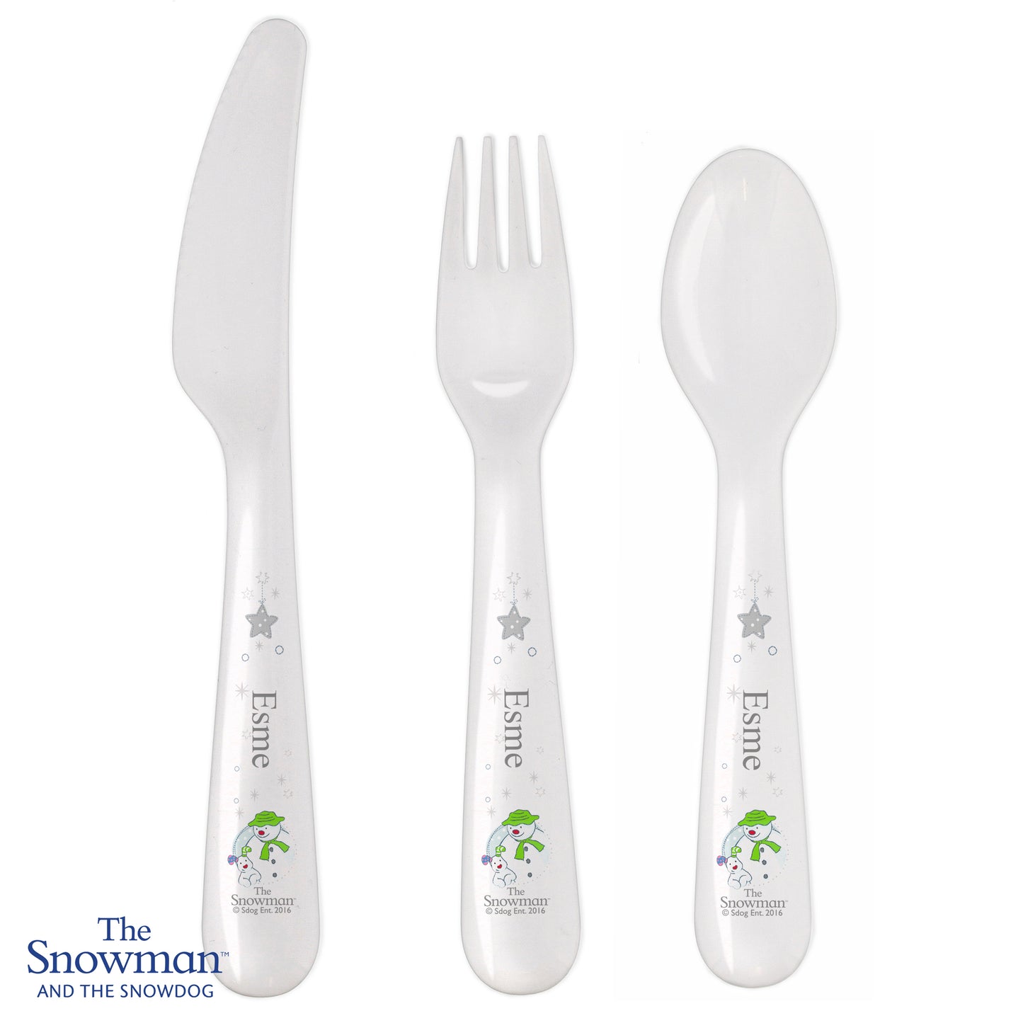 Personalised The Snowman And The Snowdog Three Piece Plastic Cutlery Set