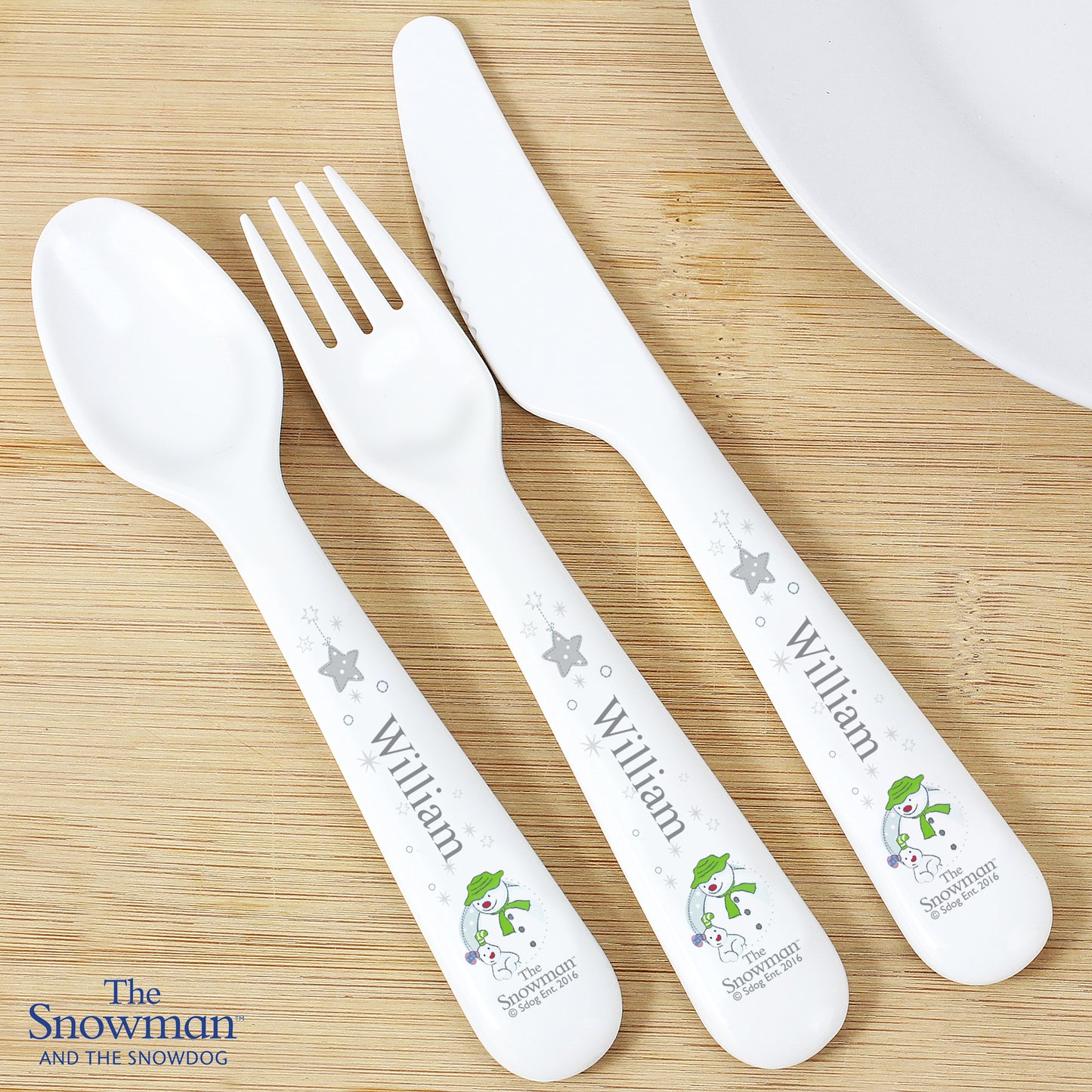 Personalised The Snowman And The Snowdog Three Piece Plastic Cutlery Set