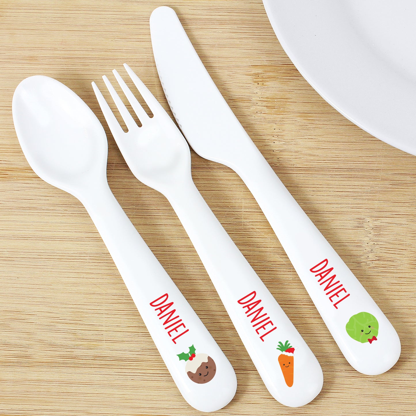 Personalised 'First Christmas Dinner' Three Piece Plastic Cutlery Set