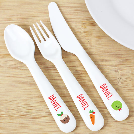 Personalised 'First Christmas Dinner' Three Piece Plastic Cutlery Set