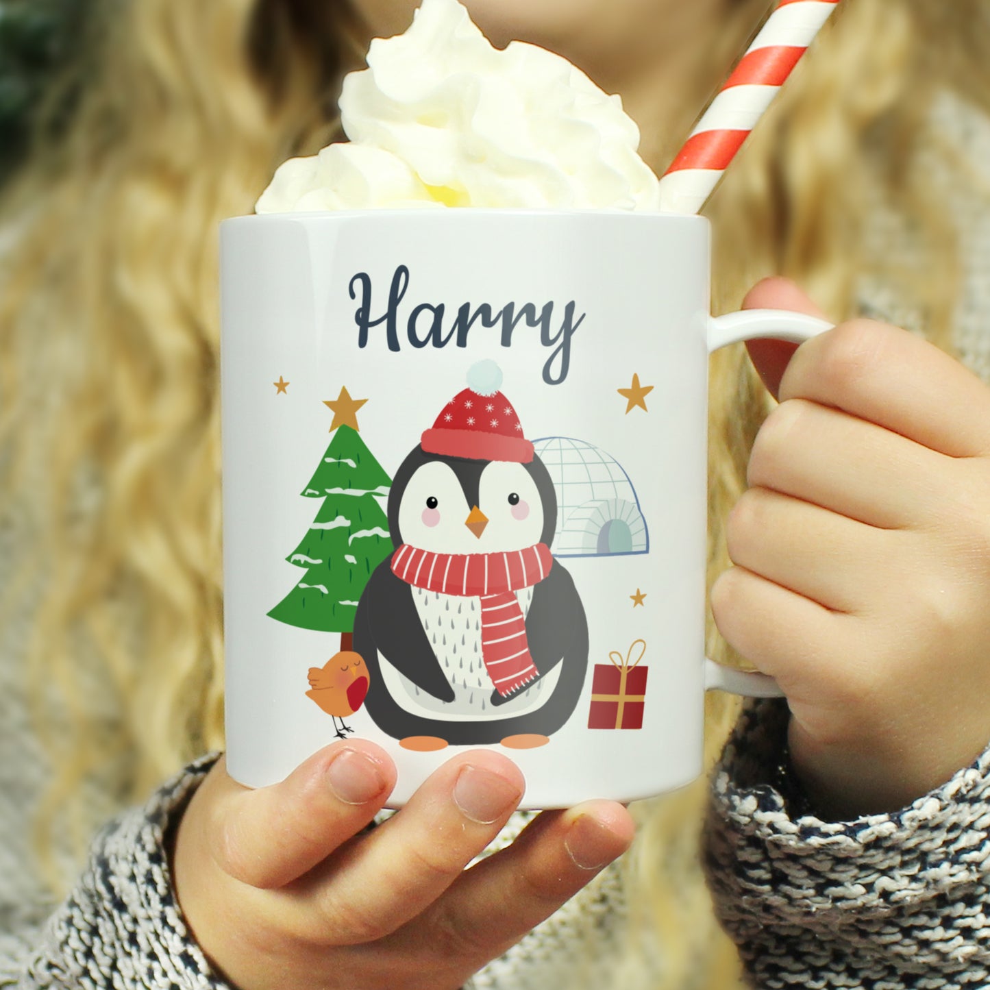 Personalised Christmas Penguin Children's Plastic Mug