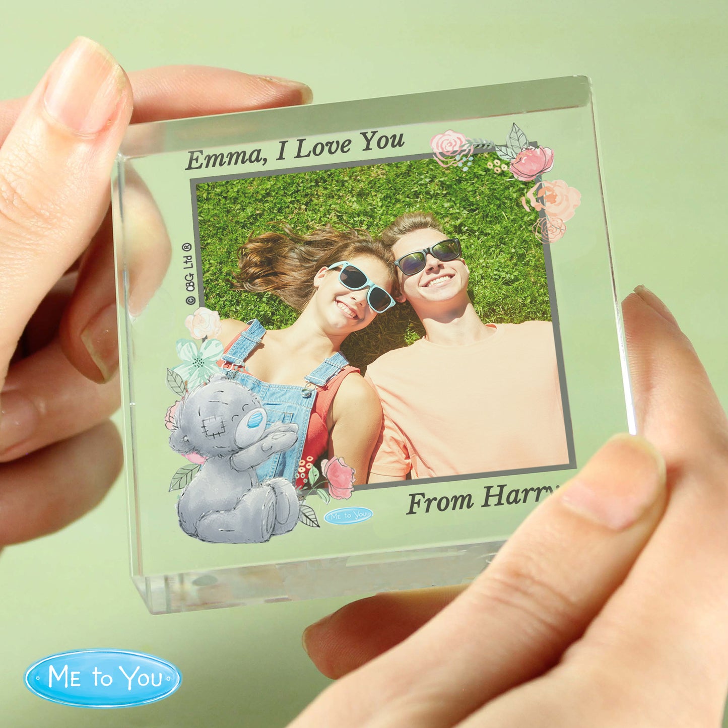 Personalised Me To You Floral Photo Upload Crystal Block