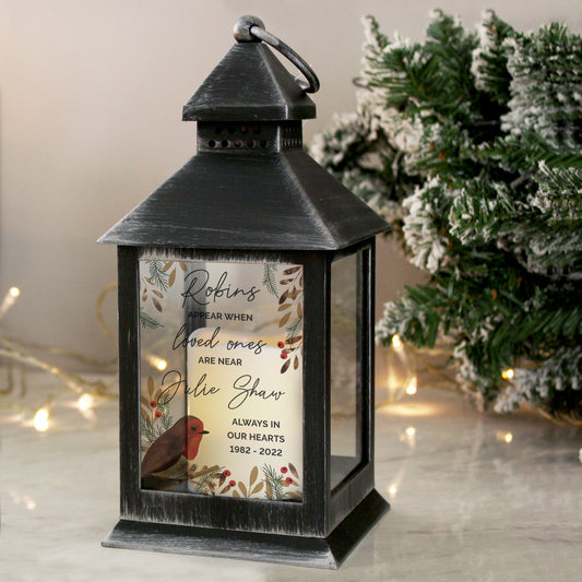 Personalised 'Robins Appear When Loved Ones Are Near' Memorial Black Lantern