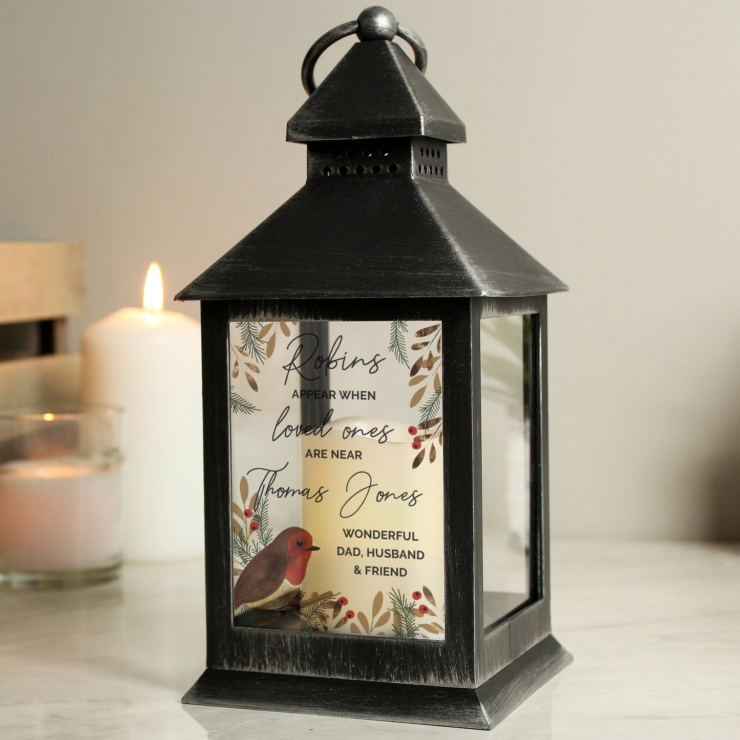 Personalised 'Robins Appear When Loved Ones Are Near' Memorial Black Lantern