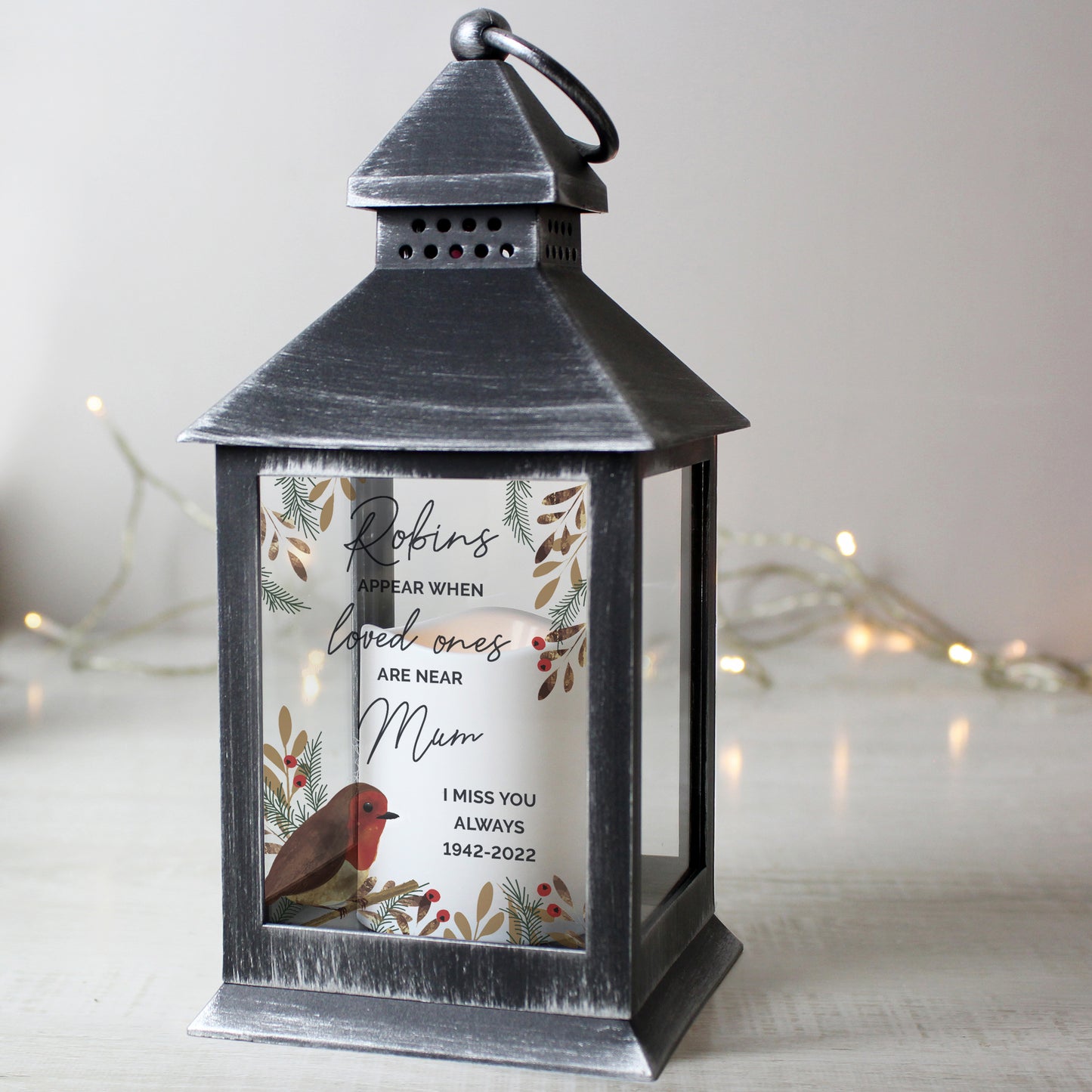 Personalised 'Robins Appear When Loved Ones Are Near' Memorial Black Lantern