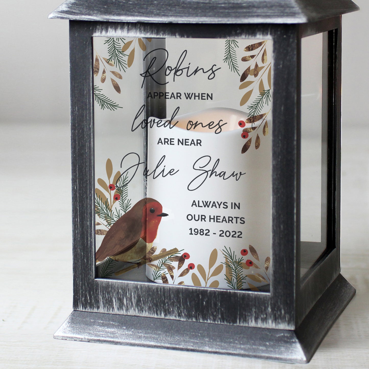Personalised 'Robins Appear When Loved Ones Are Near' Memorial Black Lantern