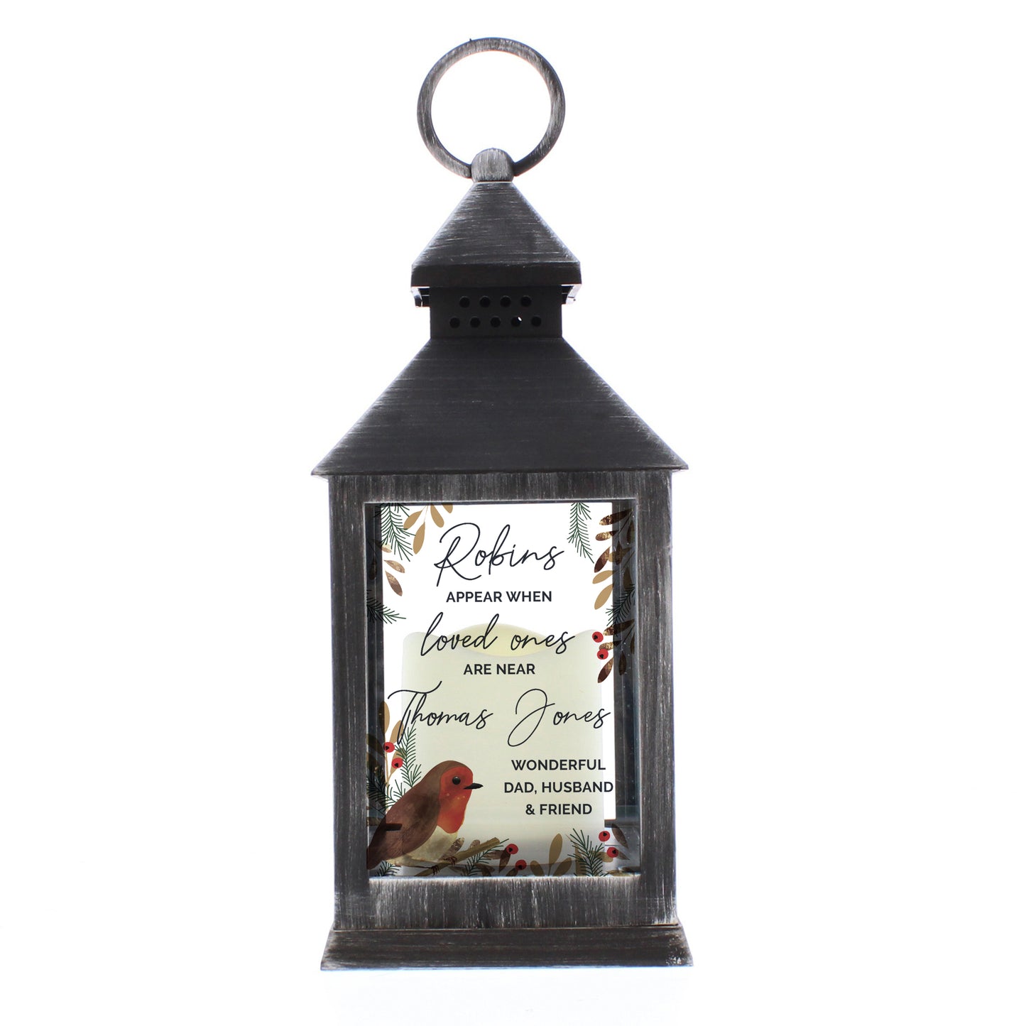 Personalised 'Robins Appear When Loved Ones Are Near' Memorial Black Lantern