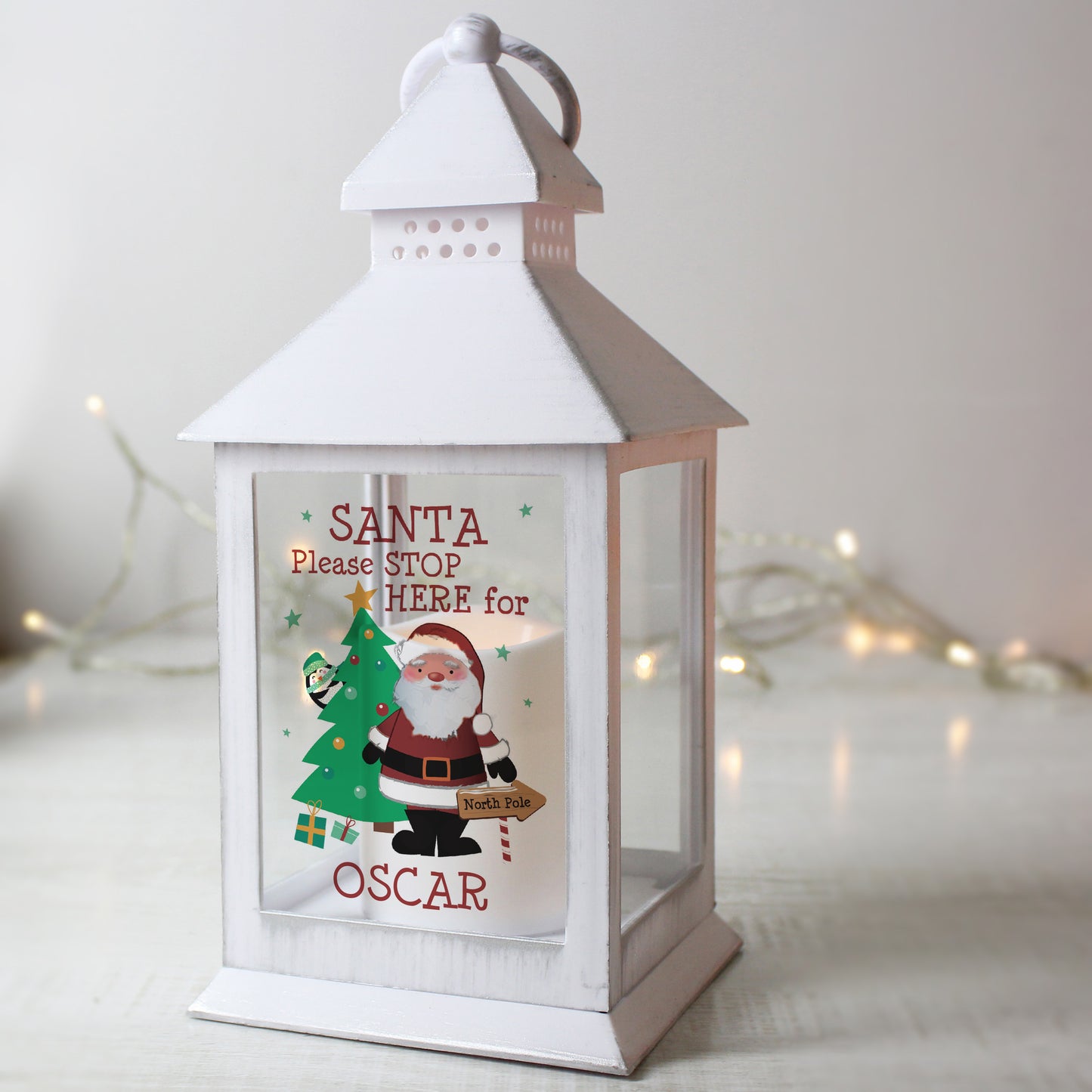 Personalised Santa Stop Here White Lantern