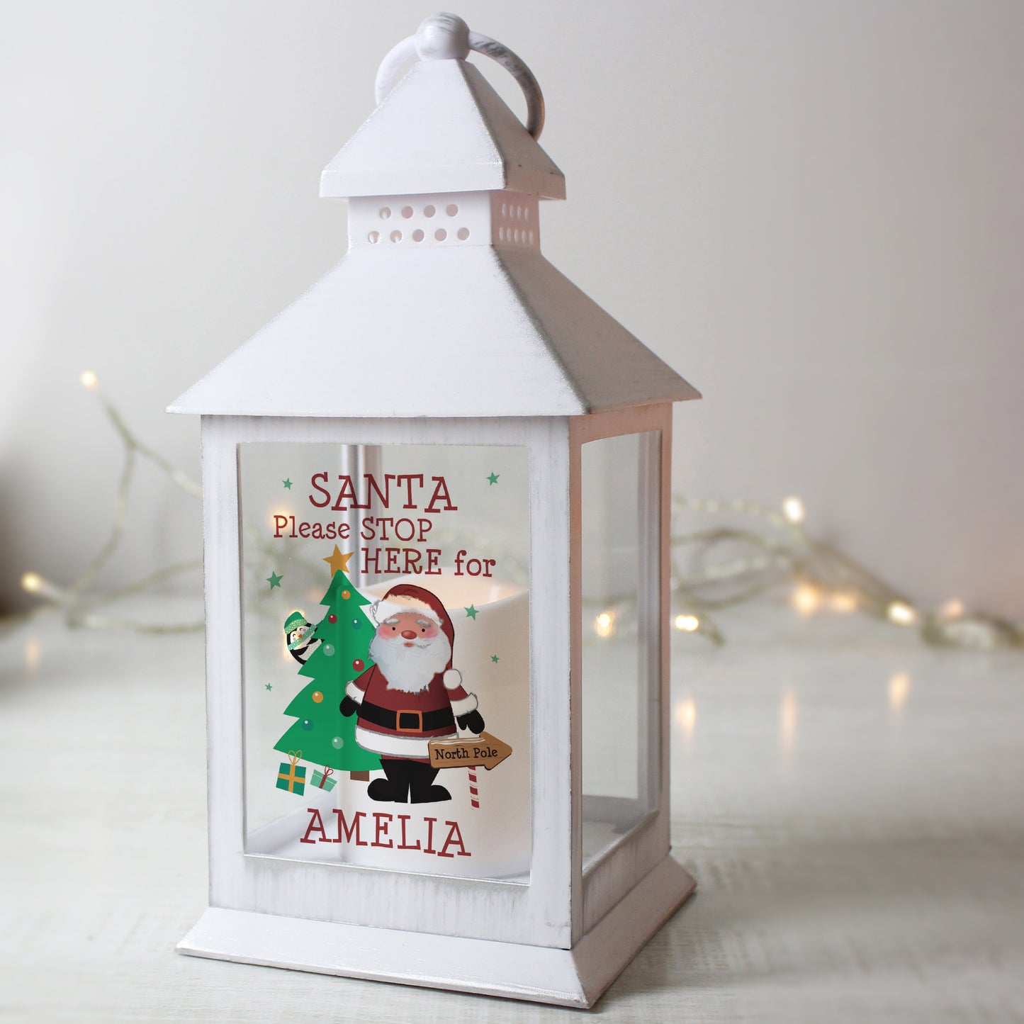 Personalised Santa Stop Here White Lantern
