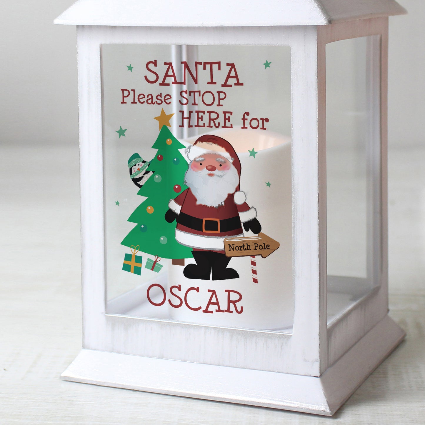 Personalised Santa Stop Here White Lantern