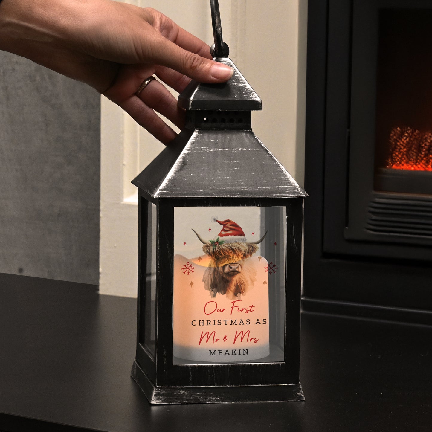 Personalised Highland Cow LED Lantern – Light Up Christmas Ornament