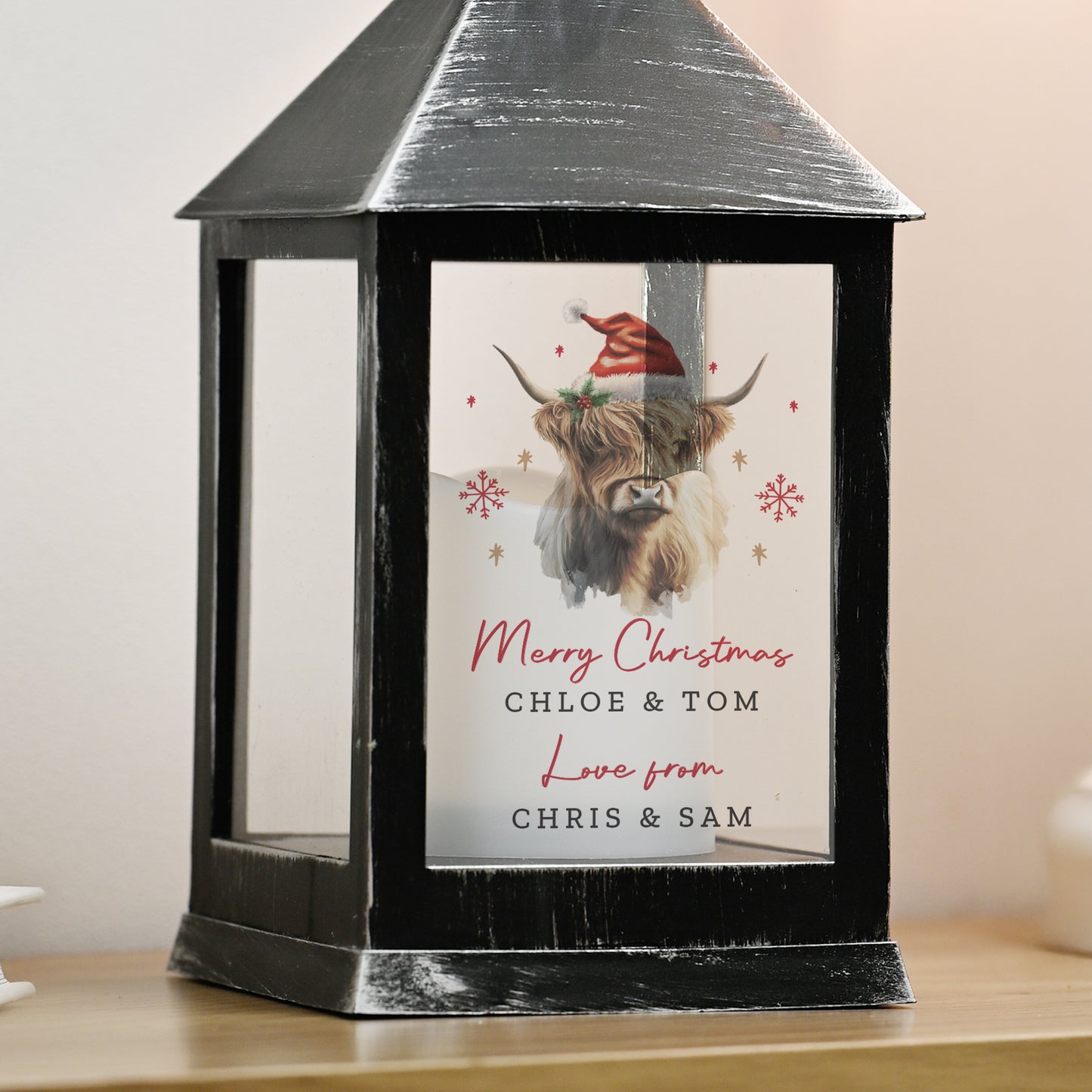 Personalised Highland Cow LED Lantern – Light Up Christmas Ornament