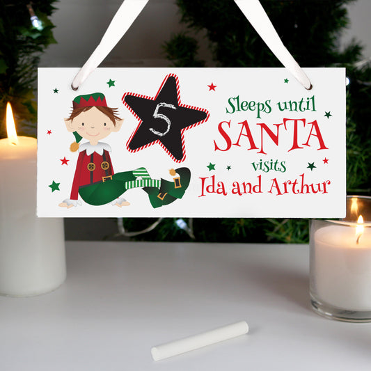 Personalised Elf Christmas Chalk Countdown Wooden Hanging Sign