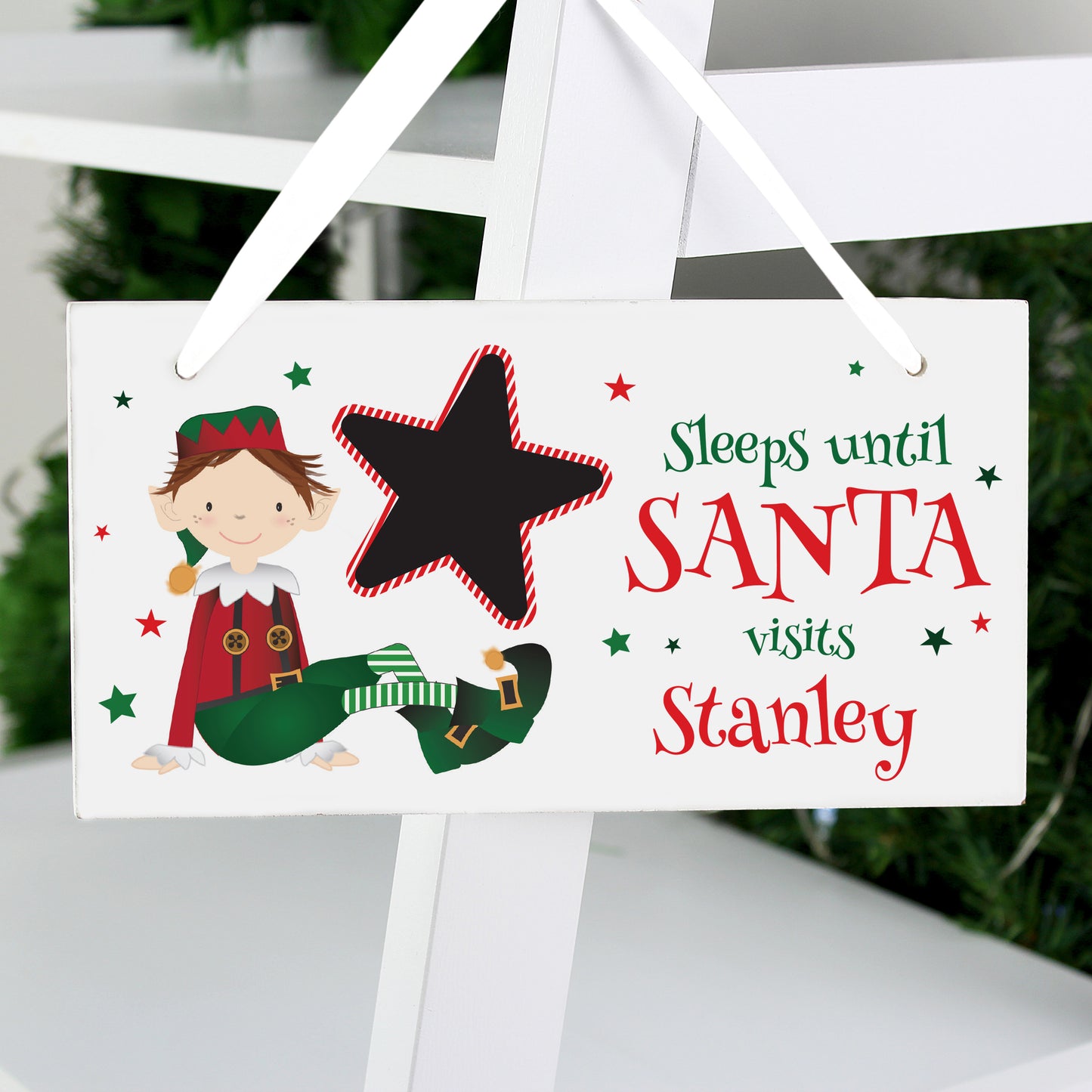 Personalised Elf Christmas Chalk Countdown Wooden Hanging Sign
