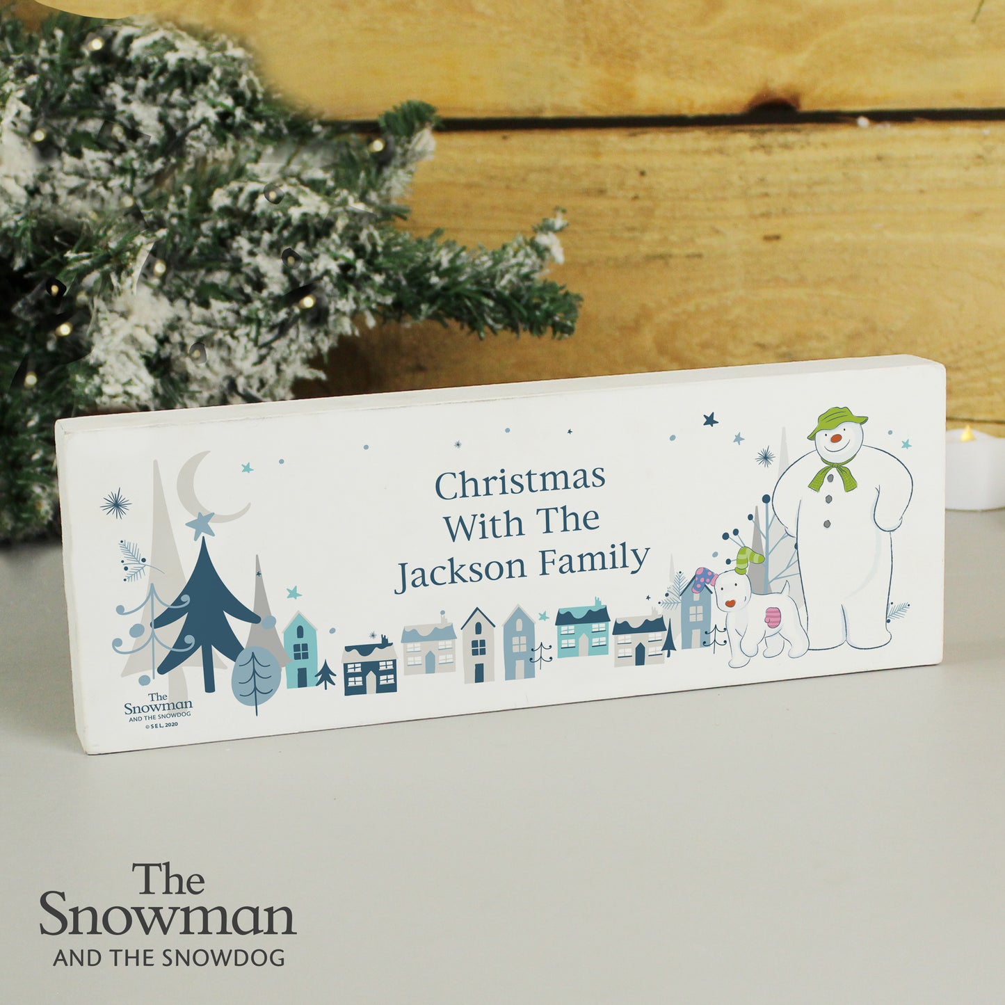 Personalised The Snowman And The Snowdog Wooden Mantel Decoration