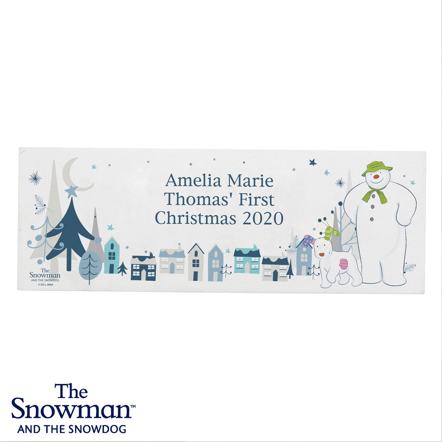 Personalised The Snowman And The Snowdog Wooden Mantel Decoration