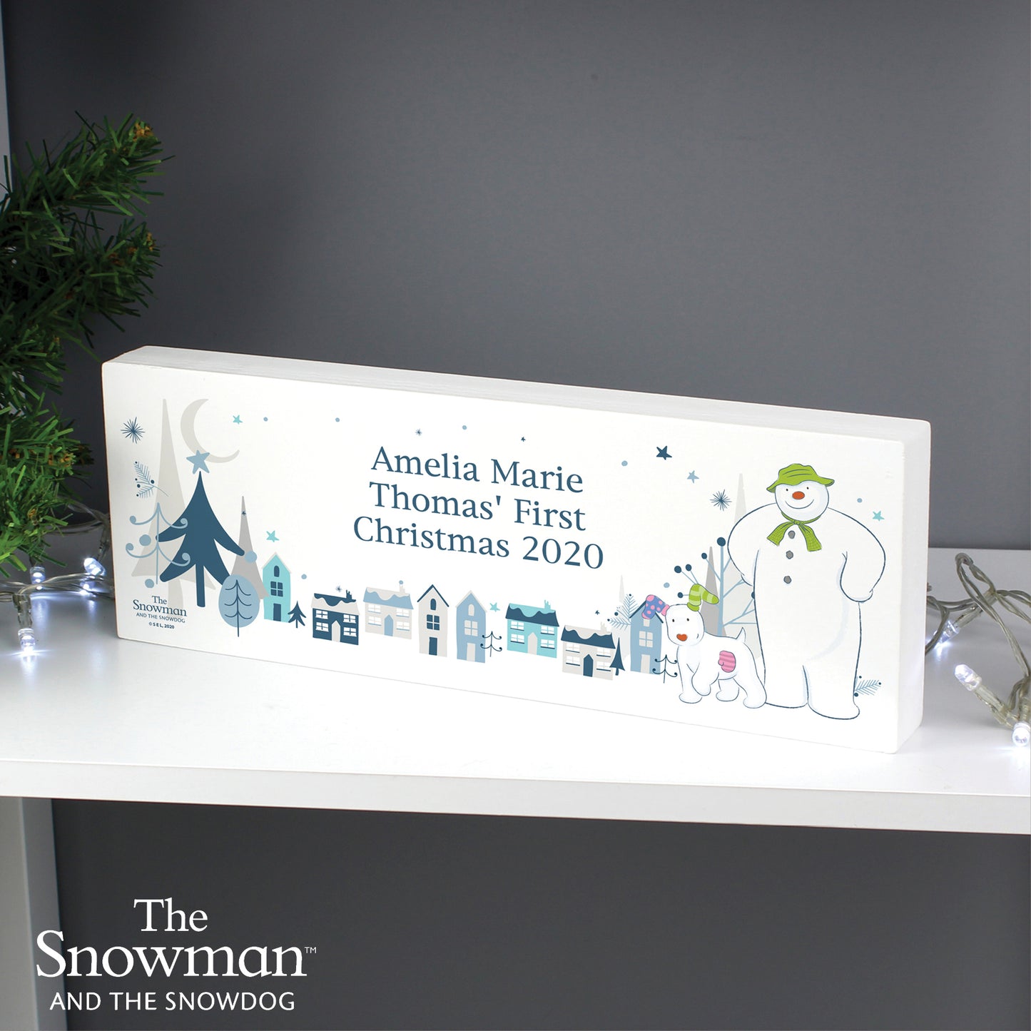 Personalised The Snowman And The Snowdog Wooden Mantel Decoration