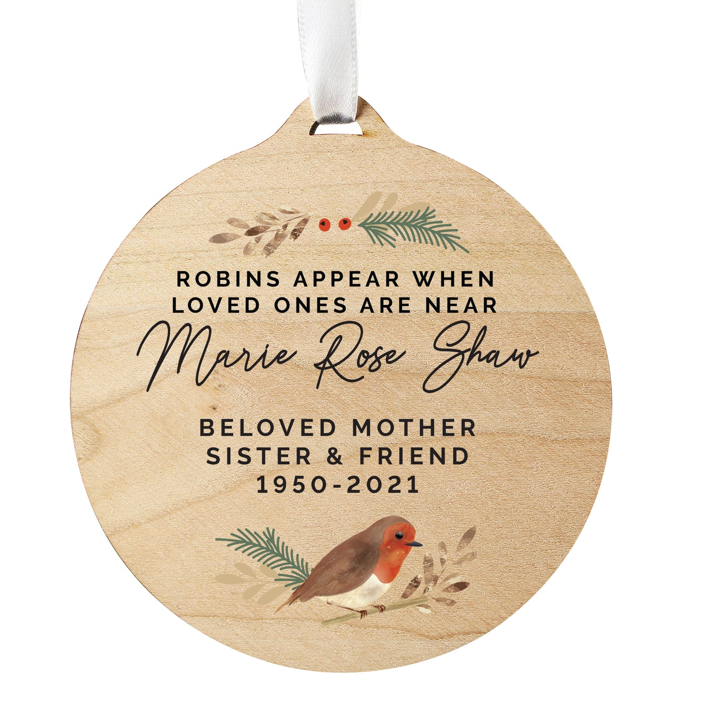 Personalised Robin Memorial Wooden Decoration