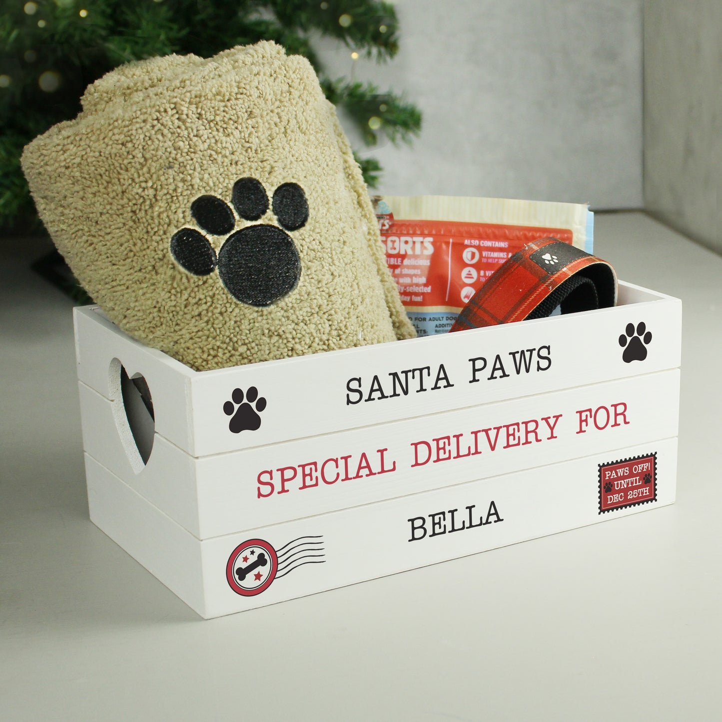 Personalised 'Santa Paws' White Wooden Christmas Eve Box