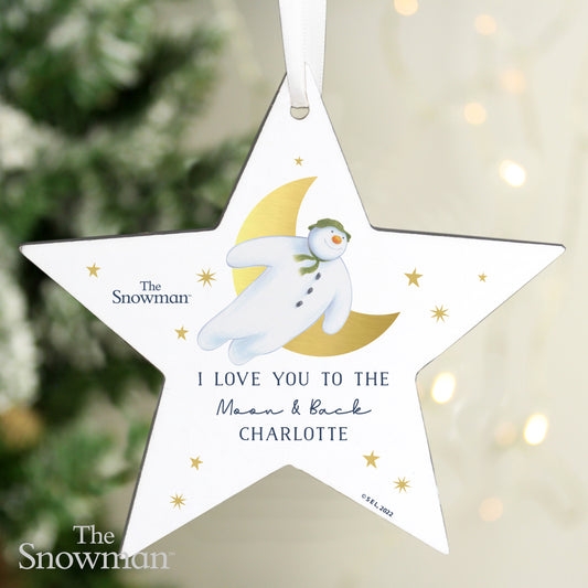 Personalised The Snowman Gold Moon Wooden Star Christmas Tree Decoration