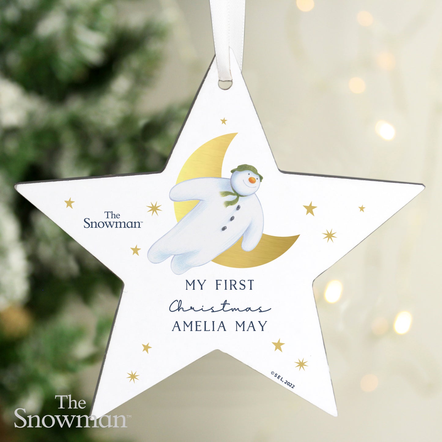 Personalised The Snowman Gold Moon Wooden Star Christmas Tree Decoration