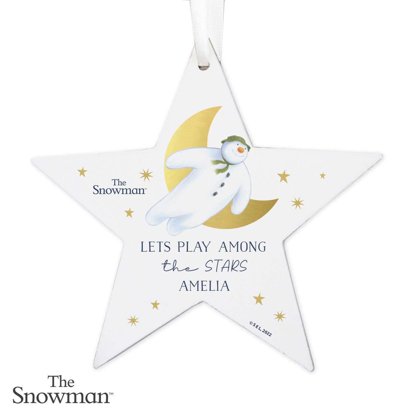 Personalised The Snowman Gold Moon Wooden Star Christmas Tree Decoration