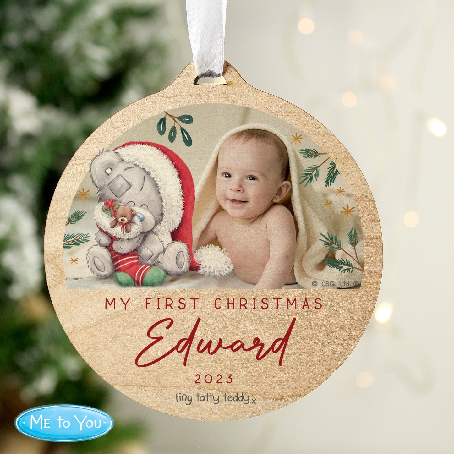 Personalised Tiny Tatty Teddy First Christmas Photo Upload Wooden Christmas Tree Decoration