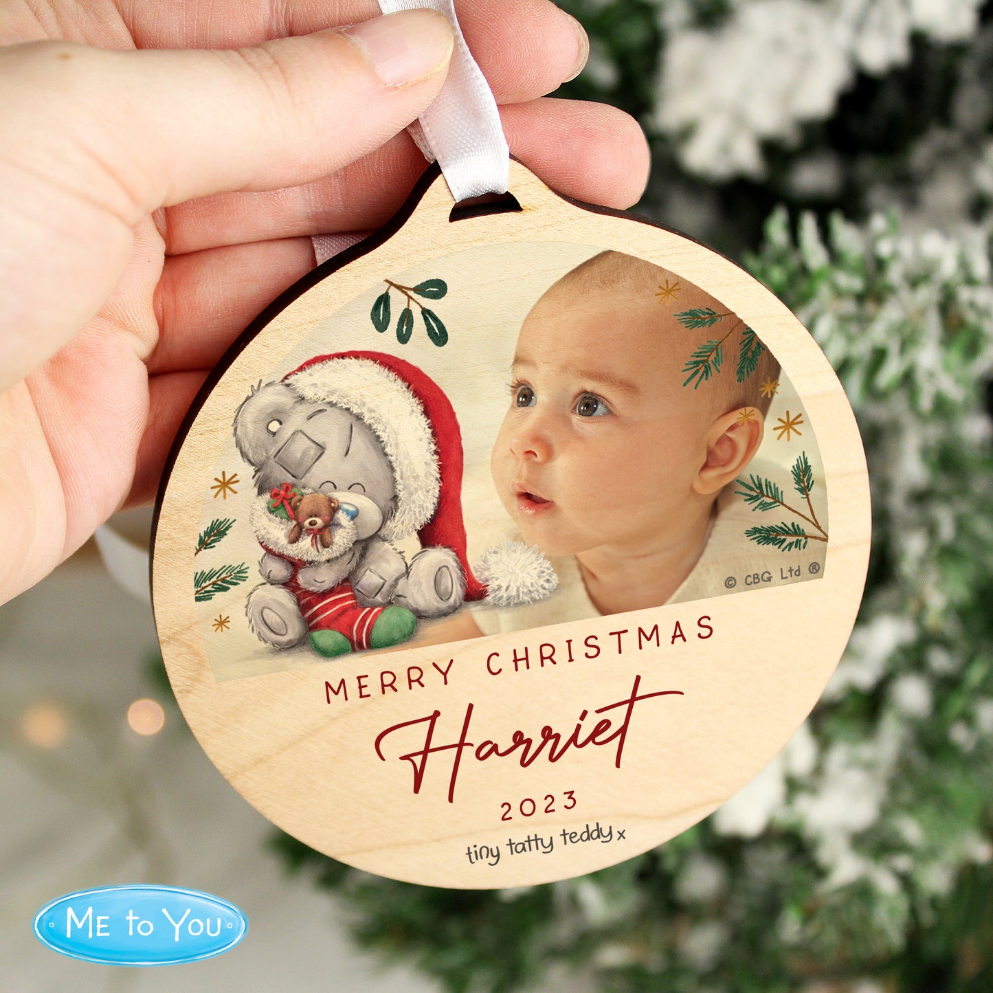 Personalised Tiny Tatty Teddy First Christmas Photo Upload Wooden Christmas Tree Decoration