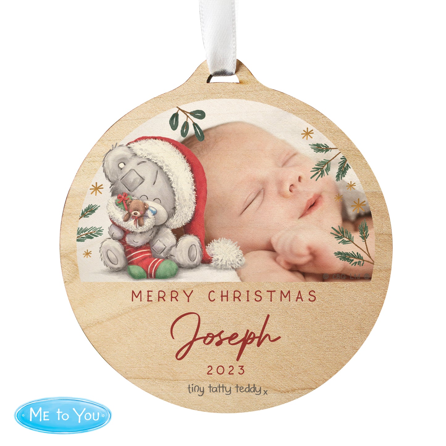 Personalised Tiny Tatty Teddy First Christmas Photo Upload Wooden Christmas Tree Decoration