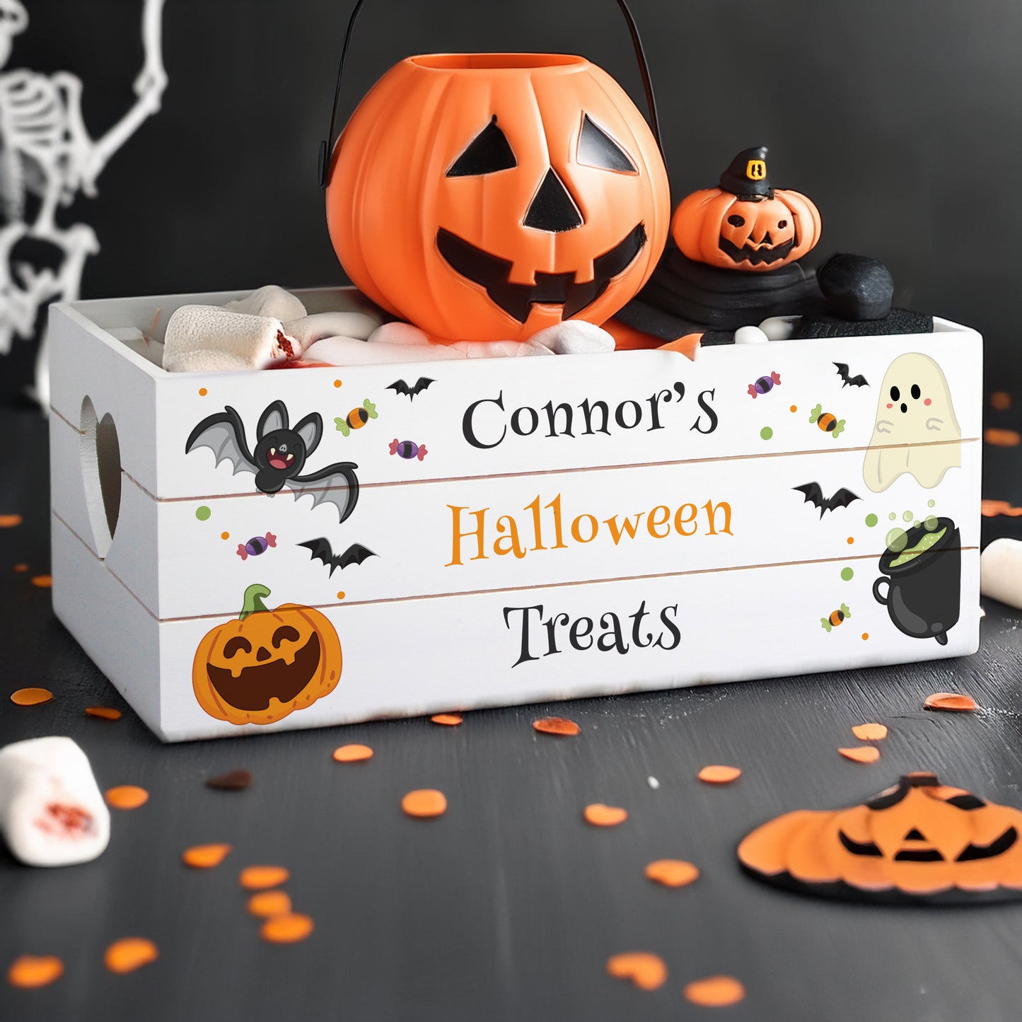 Personalised Halloween 'Boo Basket' Wooden Crate