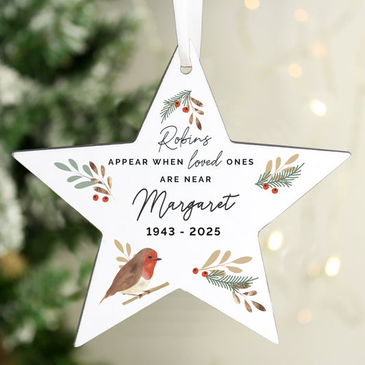 Personalised 'Robins Appear' Memorial Star Ornament
