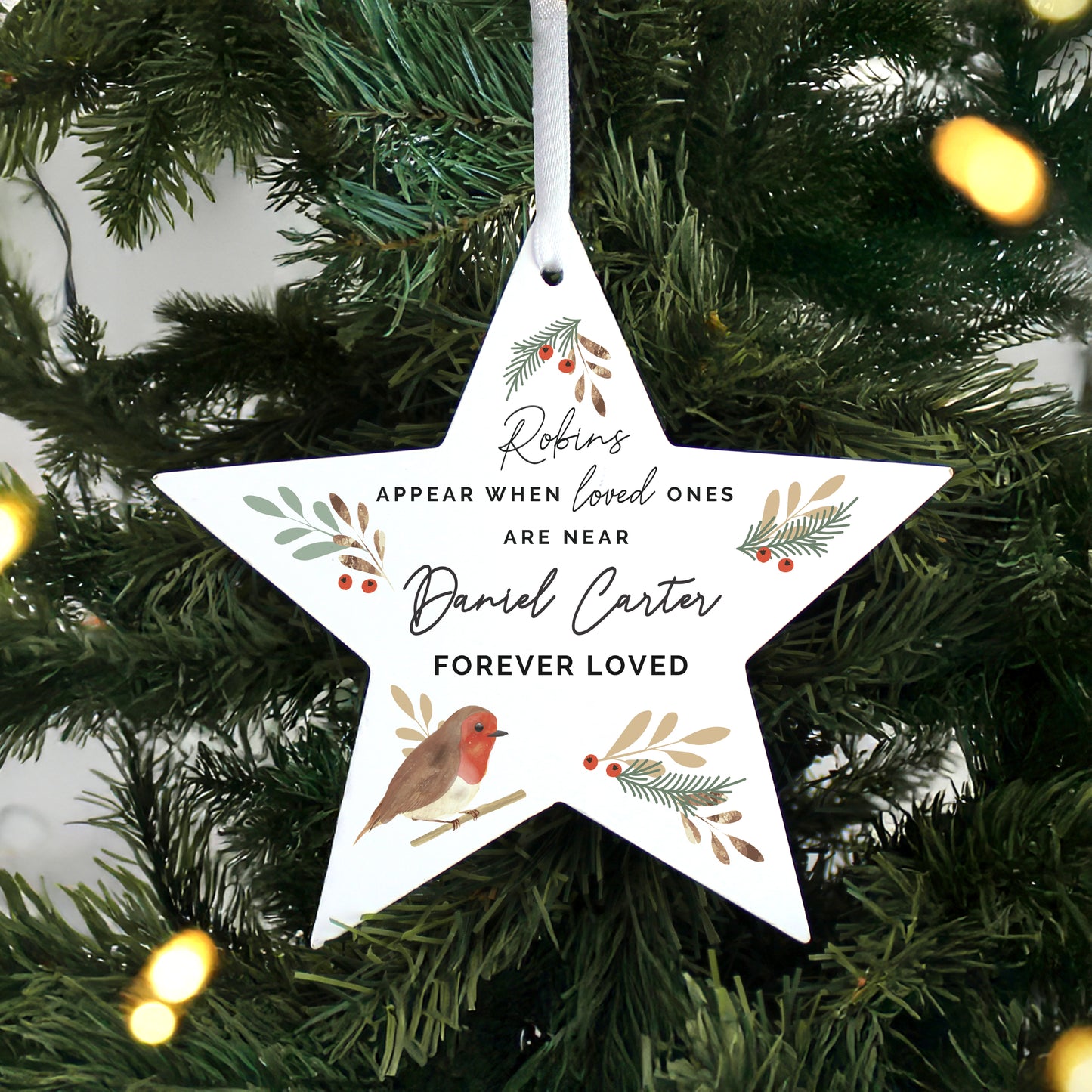 Personalised 'Robins Appear' Memorial Star Ornament