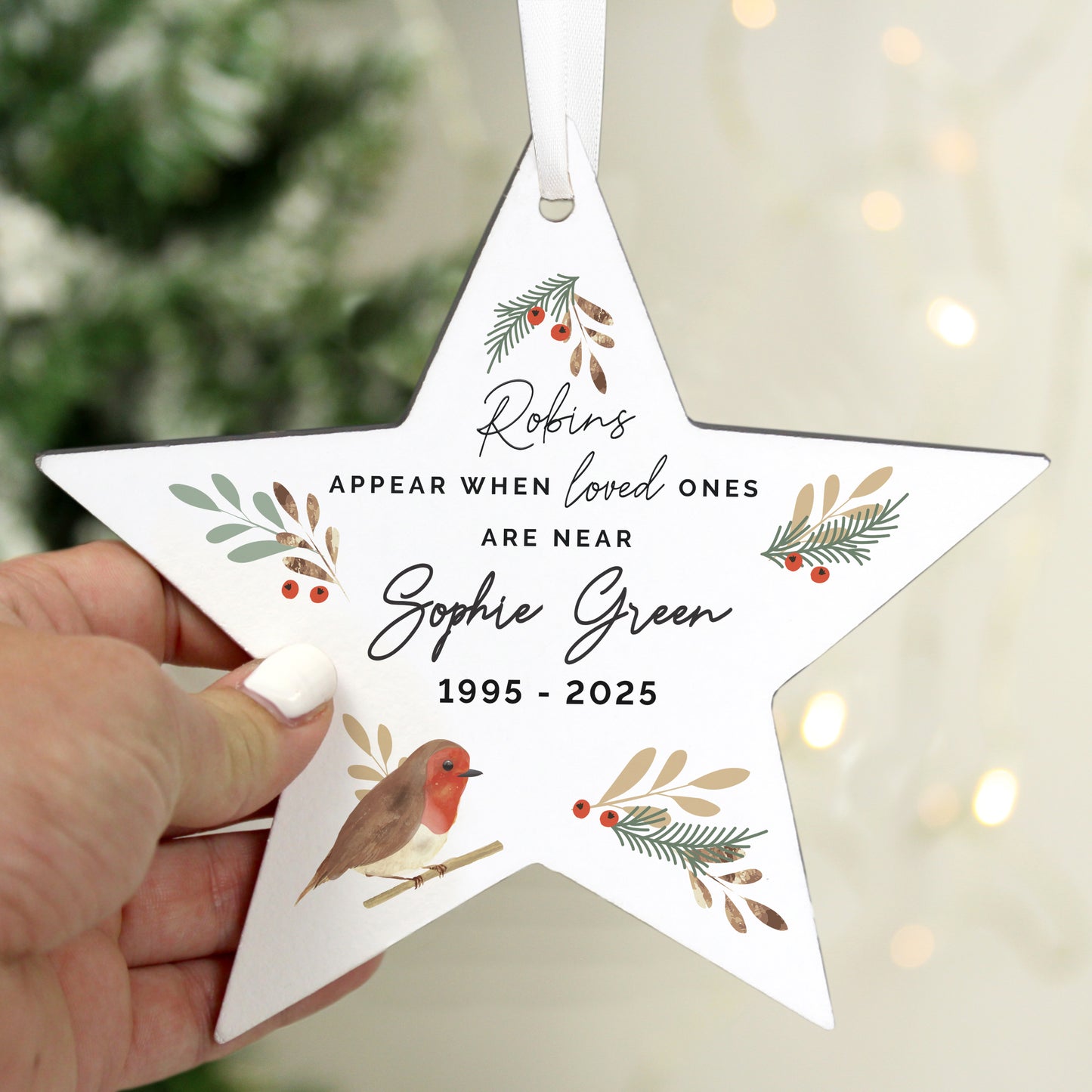 Personalised 'Robins Appear' Memorial Star Ornament