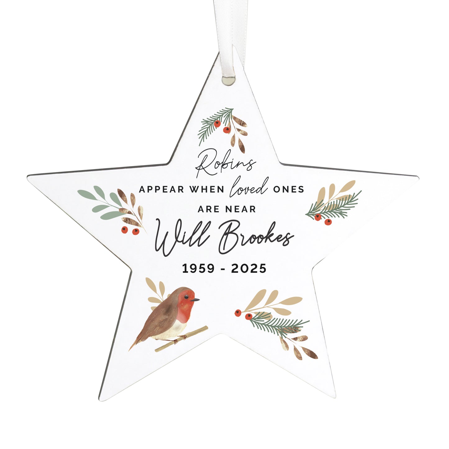 Personalised 'Robins Appear' Memorial Star Ornament