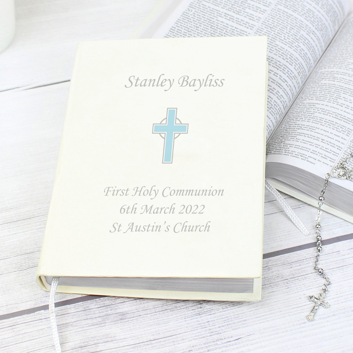 Personalised First Holy Communion Blue Cross Holy Bible Eco Friendly